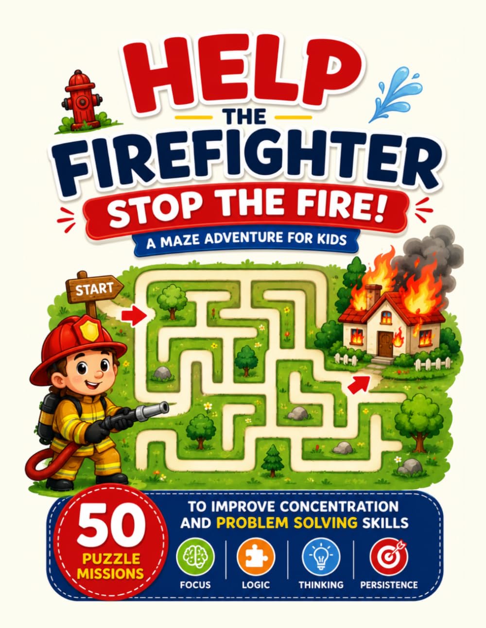 Help the Firefighter Stop the Fire! A Maze Adventure for Kids: 50 Puzzle Missions to Improve Concentration and Problem Solving Skills