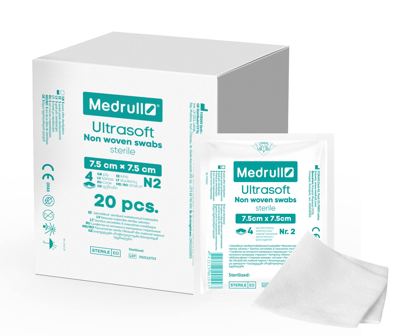Medrull Impacchi non tessuto STERIL ULTRASOFT – 4 strati – 7,5 cm x 7,5 cm – Confezione 2 pezzi – 20 sacchetti di carta (40 pezzi) x 20 scatole