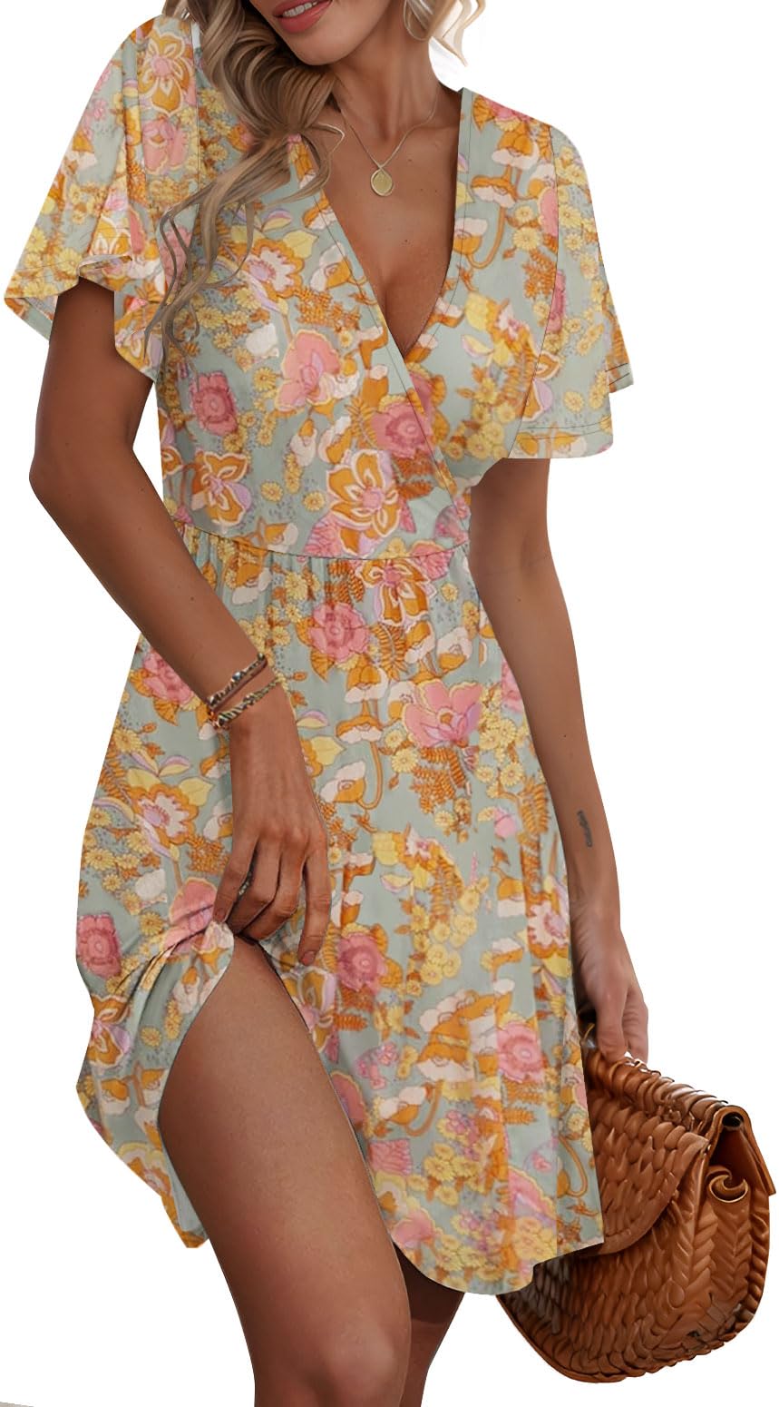 ETCYY NEW Womens Summer Dresses Slant Open V Neck Floral Printed Sundresses Flowy Dress Short Sleeve