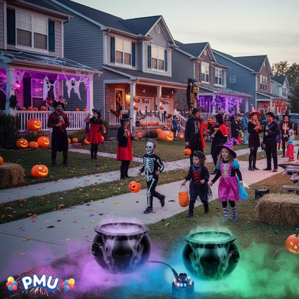 PMU Halloween 2pc Multi Pack 12in Black Plastic Cauldron with Mist Maker Multi Color Fogger (1) 12in 55120-NHS(1) 49500 (2/pkg) Pkg/1