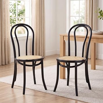 Bentwood Dining Chairs Set of 2, Handcrafted Wooden French Bistro Dining Chairs, Rattan Kitchen Chair for Dining Room Bistro Outdoor Fully Assembled, Black