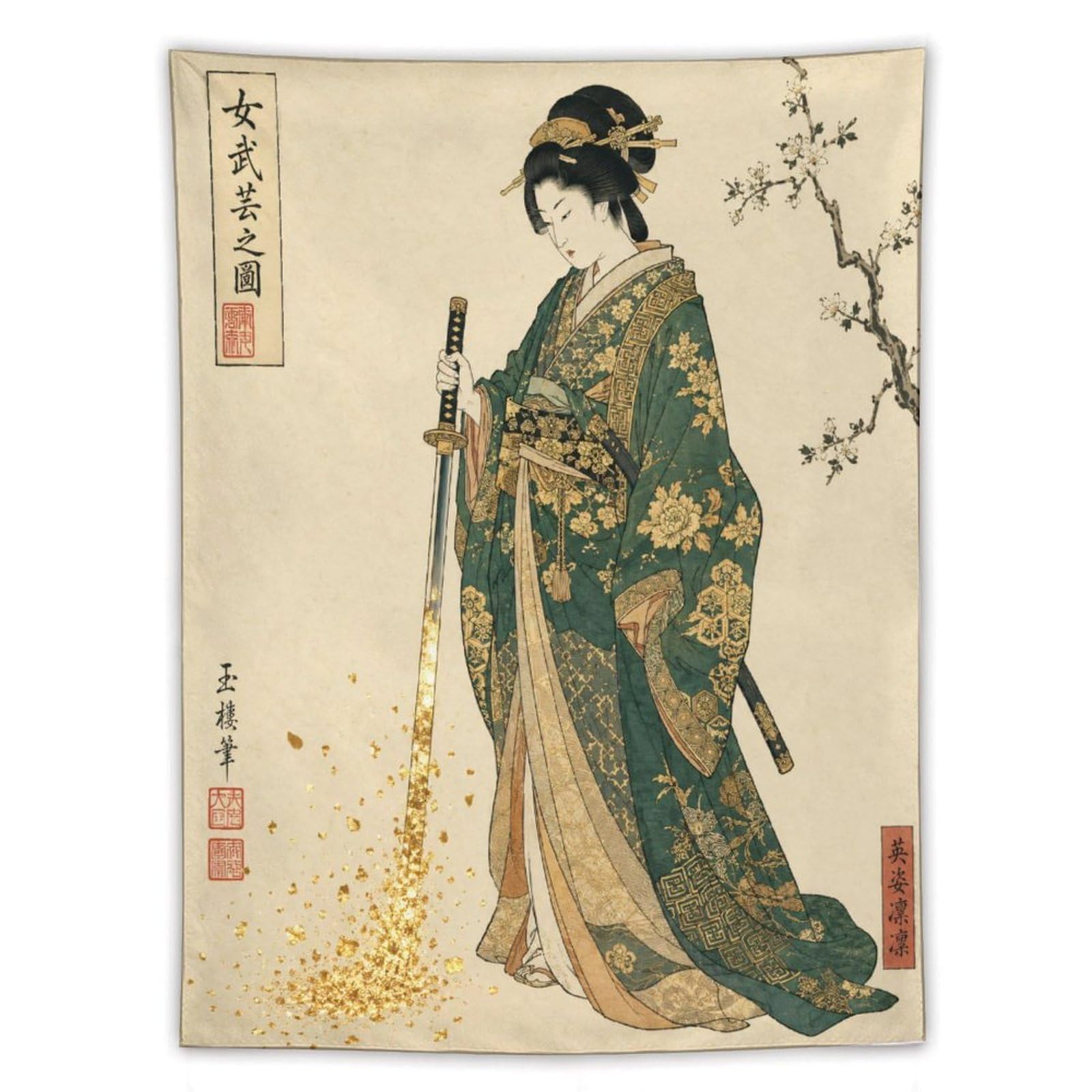 H3B8U2Y5 Japanese Woman with Sword Wall Tapestry, Ukiyo-e Style, Office
