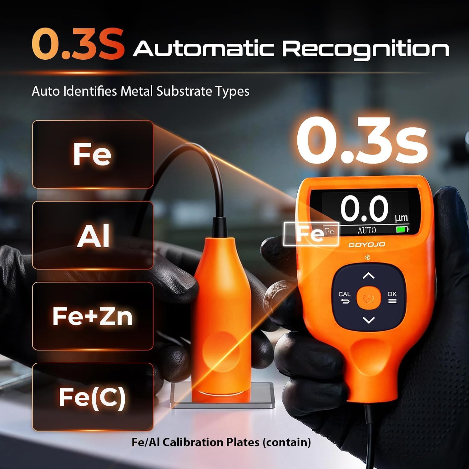 Professionelles Lackschichtdickenmessgerät mit App & externer Sonde, 0–9900 μm (0–390 mils), automatische Fe/Al/Zn/Fe(C)-Erkennung, 0,1-μm-Auflösung, ±(2% + 1 μm) Genauigkeit für die Lackprüfung