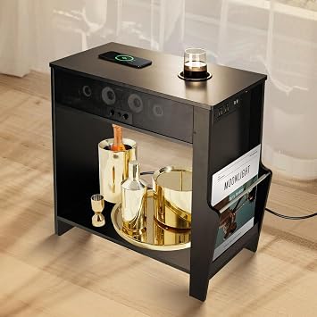 Bluetooth Speaker End Table, Smart End Table with 2 Subwoofer for Deep Bass, Side Table with Charging Station, Wireless Charger, Magazine Holder and Cup Holder, Bluetooth/AUX Connection,24"Wx12"Dx24"H