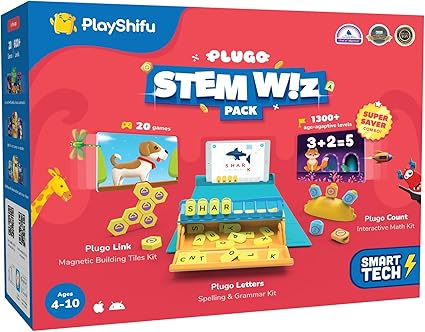PlayShifu Plugo STEM Pack 3-in-1 Wiz Pack (Link, Count & Letters) | Math, Words, Magnetic Blocks & Puzzles | Engaging Educational Toys for Ages 4-10 | Ideal Gift for Boys & Girls