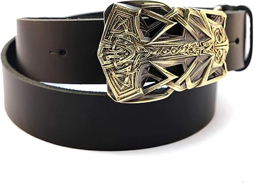 Miniatura 2 de Leather belt with buckle Thor's Hammer, Scandinavian Old Norse Viking Mjolnir solid brass belt buckle on belt