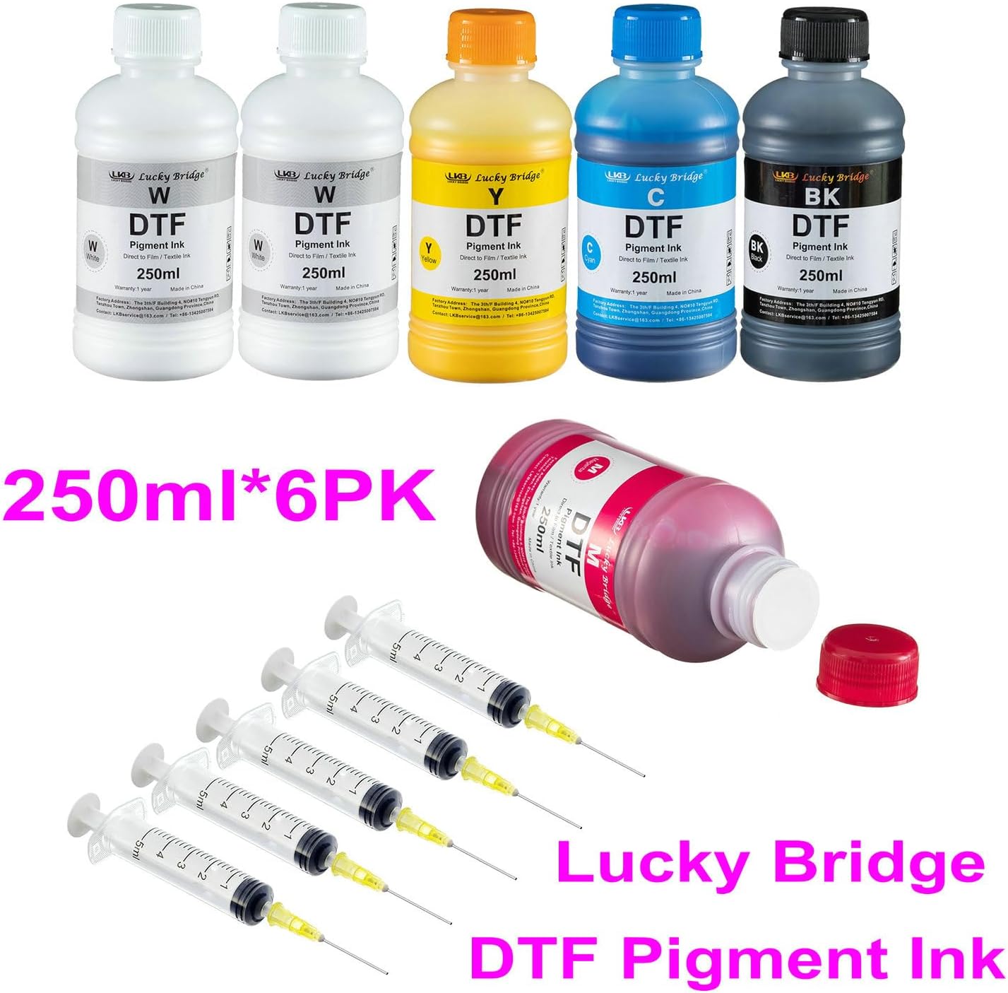 6x250ml DTF Ink Premium Pigment Ink for PET Film Heat Transfer Printing Refill Ink for All DTF Printer with printhead DX5 DX7 5113 XP600 I3200 etc.-(1500ml)-US