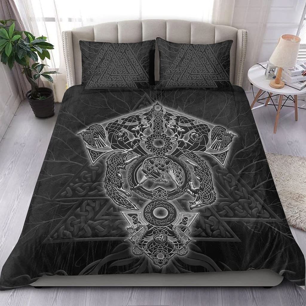 Parure de lit Viking Valknut avec motif tattoo 3D gris et deux taies d'oreiller