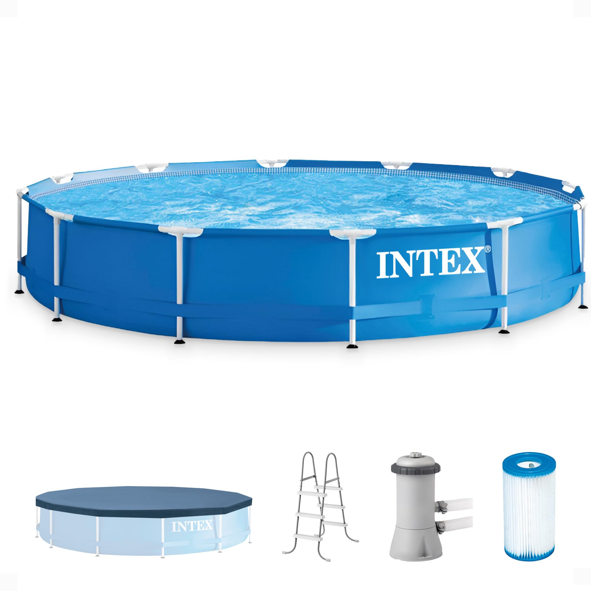 Intex 12' x 30" Round Metal Frame Outdoor Above Ground Swimming Pool Set with Filter Pump, Cartridges, 42 Inch Steel Pool Ladder, and Secure Cover