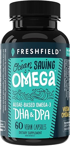 Freshfield Omega 3, Suplementos de DHA, Fórmula potente 1 por día, Aceite de algas (algas), Omega vegano, aceite de pescado para ahorro de océano,