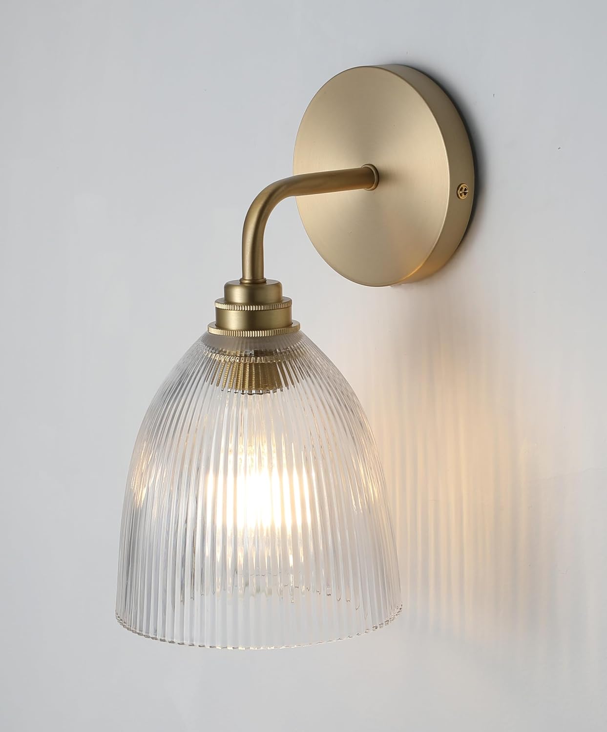 Brass wall Sconce with Ribbed Glass Shade, Brass Sconce wall Light Light fixtures for Bathroom, Bedroom, Kitchen, Living rooom (Bulb Included)