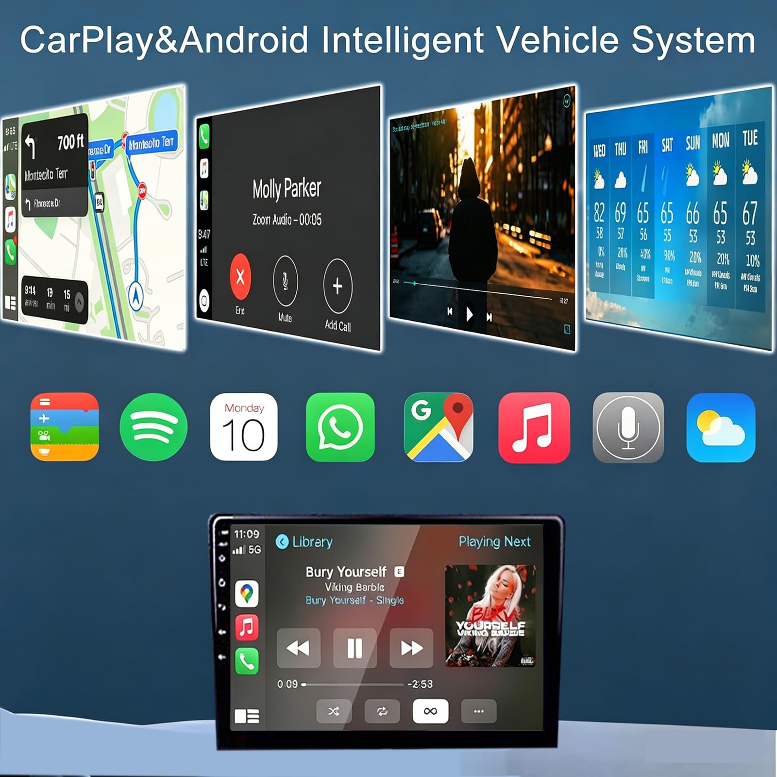 9-calowe Podwójne Radio Samochodowe Android Do Hyundai Genesis 2014-2016 Z Bezprzewodowym CarPlay I Android Auto Ekran Dotykowy Z Mirror Link/EQ/WiFi/SWC/Bluetooth, Kamera Cofania A(Color:4G 4G+64G)