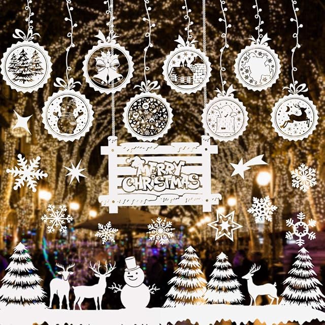RMENOOR Christmas Window Sticker White Christmas Window Clings Xmas Window Stickers Reusable Static Snow Flakes Stickers Window Snowflake Decorations PVC Static Window Stickers for Christmas Window