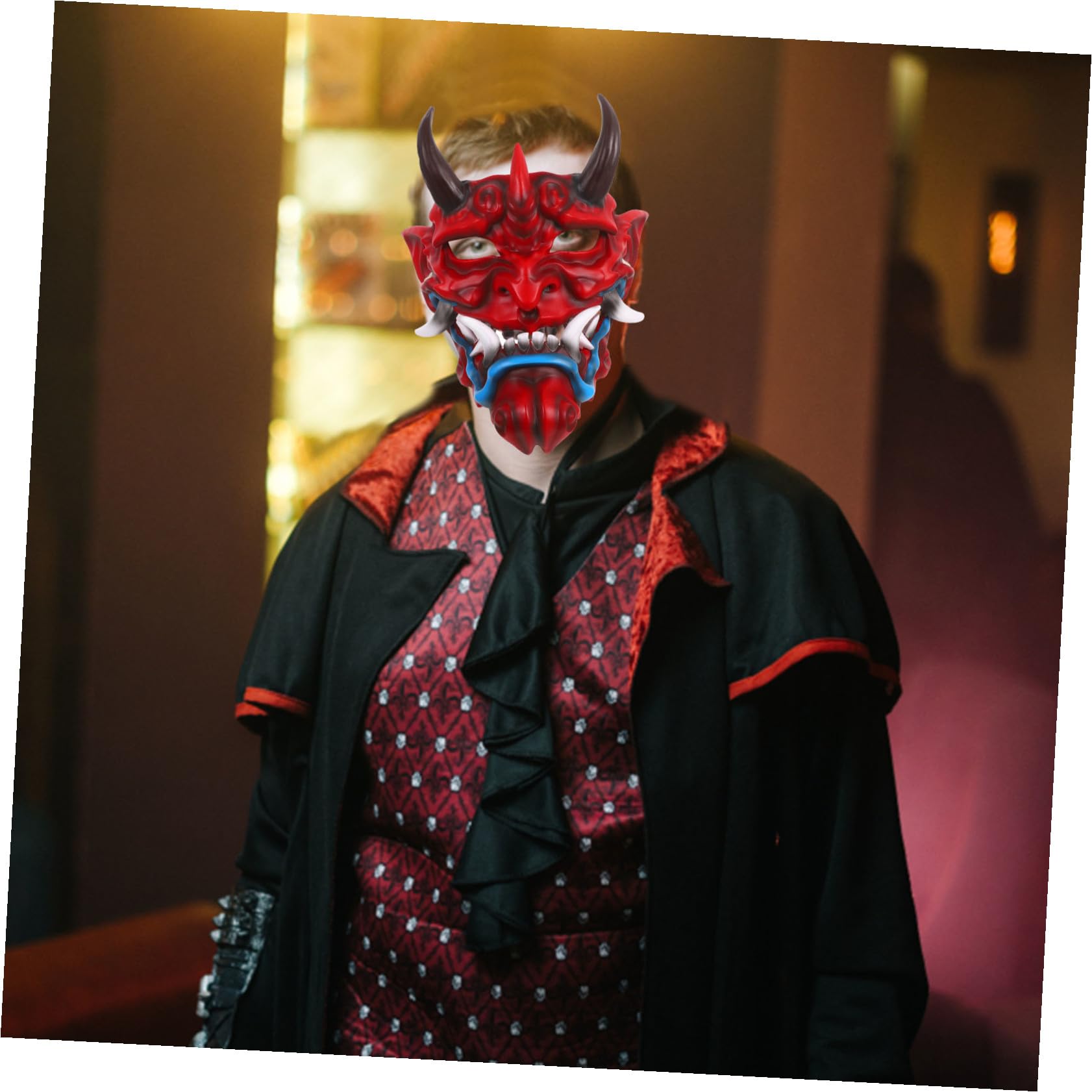 HEMOTON Maschera Demoniaca Giapponese per Halloween con Corna in Resina, Design Realistico, Artigianato Robusto e Comfort per Feste a Tema e Party Cosplay per Adulti