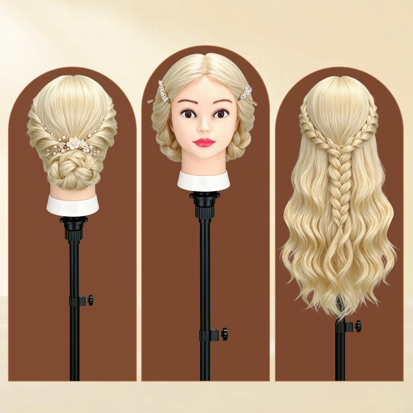 Yofuly 26 Zoll Trainingsköpfe 80% Echthaar Schaufensterpuppenkopf mit Tischklemme DIY-Haarzopf-Set weiß