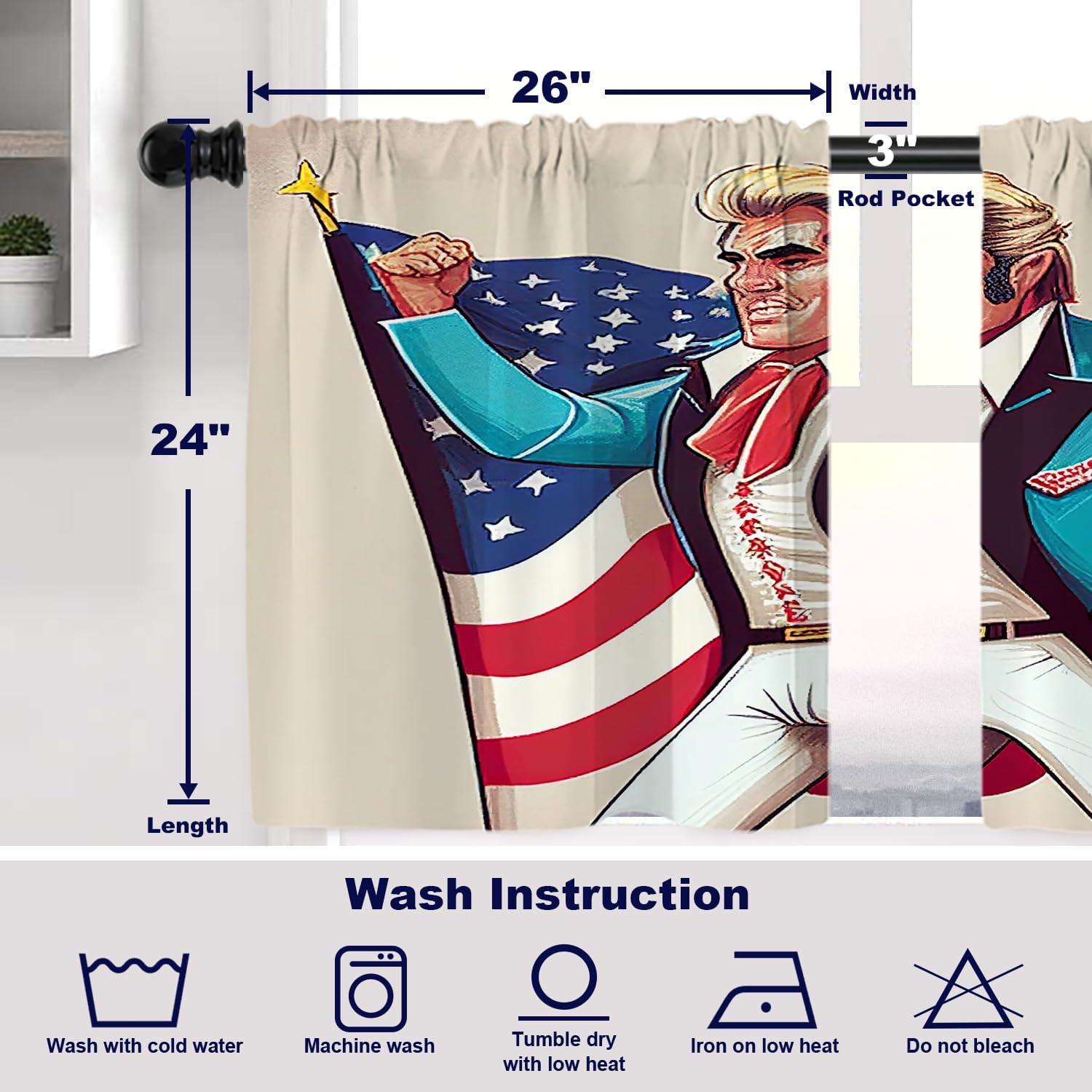 Batmerry American Flag Tier Curtains, American Man Raised His Hand Window Treatment Short Kitchen Curtain Multilayer Polyester Blackout for Living Room/Bathroom, 2 Pack 26x24 inches