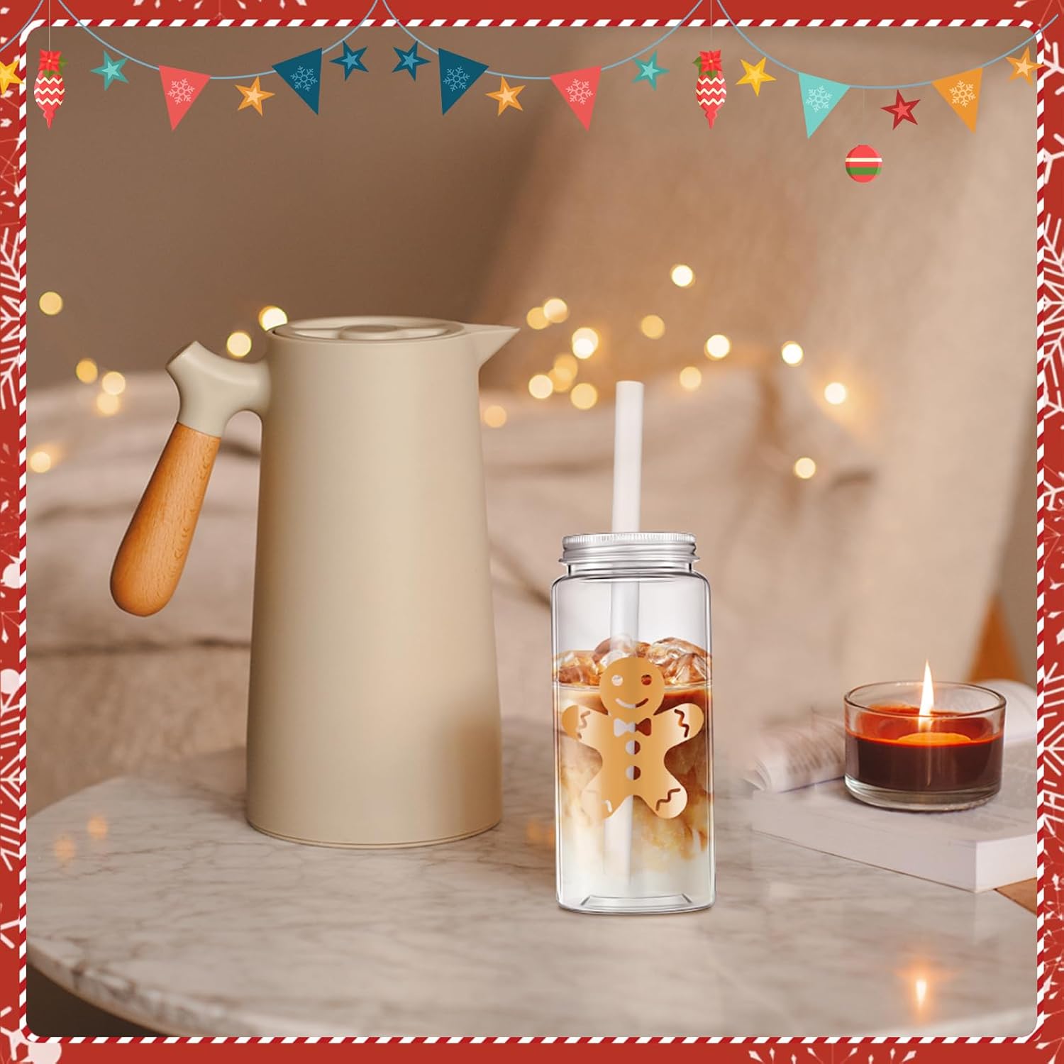 Layhit 20 Pcs Christmas Reusable Cups Bulk 13.5 oz Plastic Mason Jar Drinking Holiday Cups with Lid and Straw Coffee Tea Hot Cocoa Beverage Tumbler for Adults Xmas Party (Classic) - Image 5