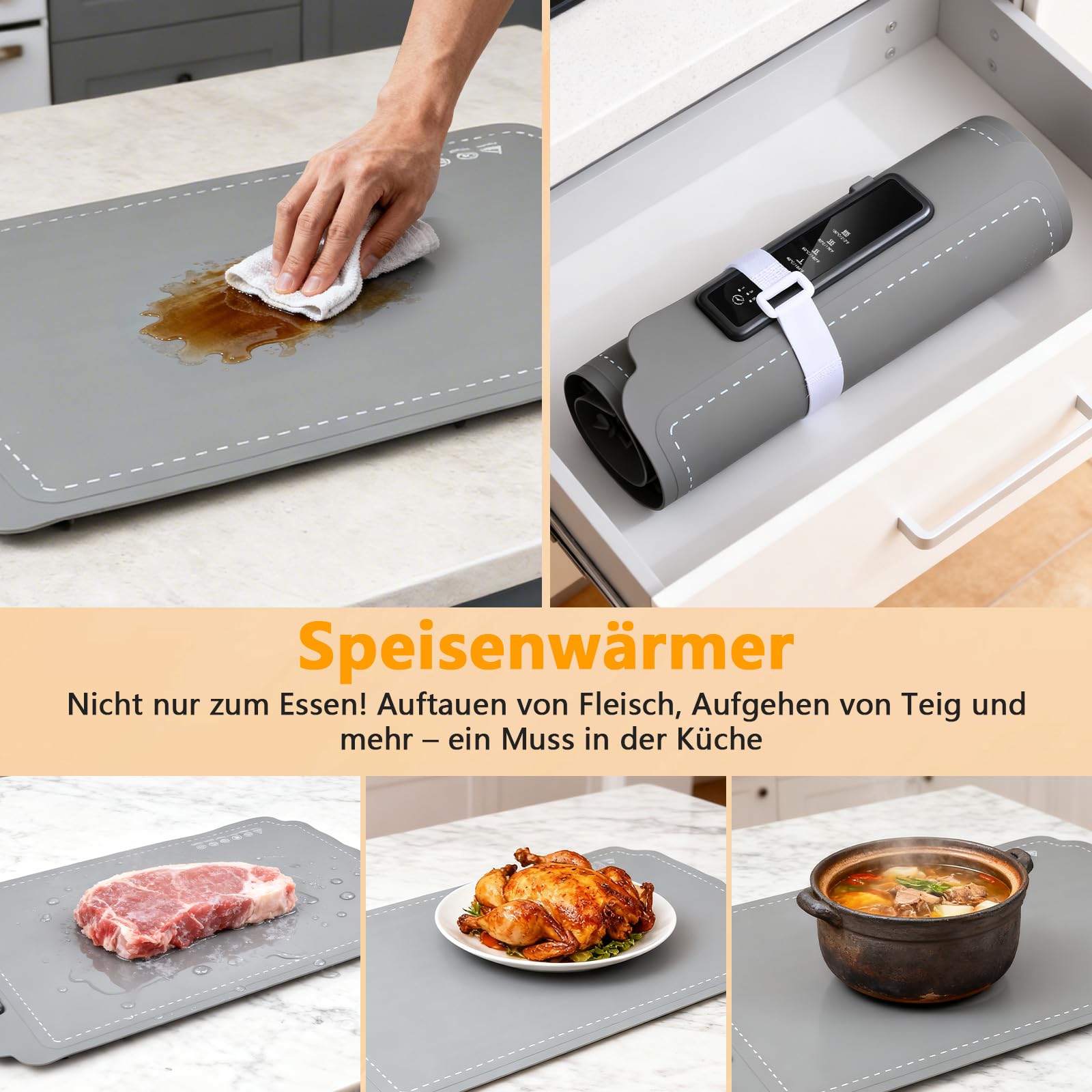 Vassoio Riscaldante Elettrico, Scaldavivande Elettrico Portatile Regolabile da 40°C a 100°C ＆ 1-3-5 Timer, Tappetino Riscaldante in Silicone, Piastra riscaldata elettrica per Buffet, Feste, Banchetto