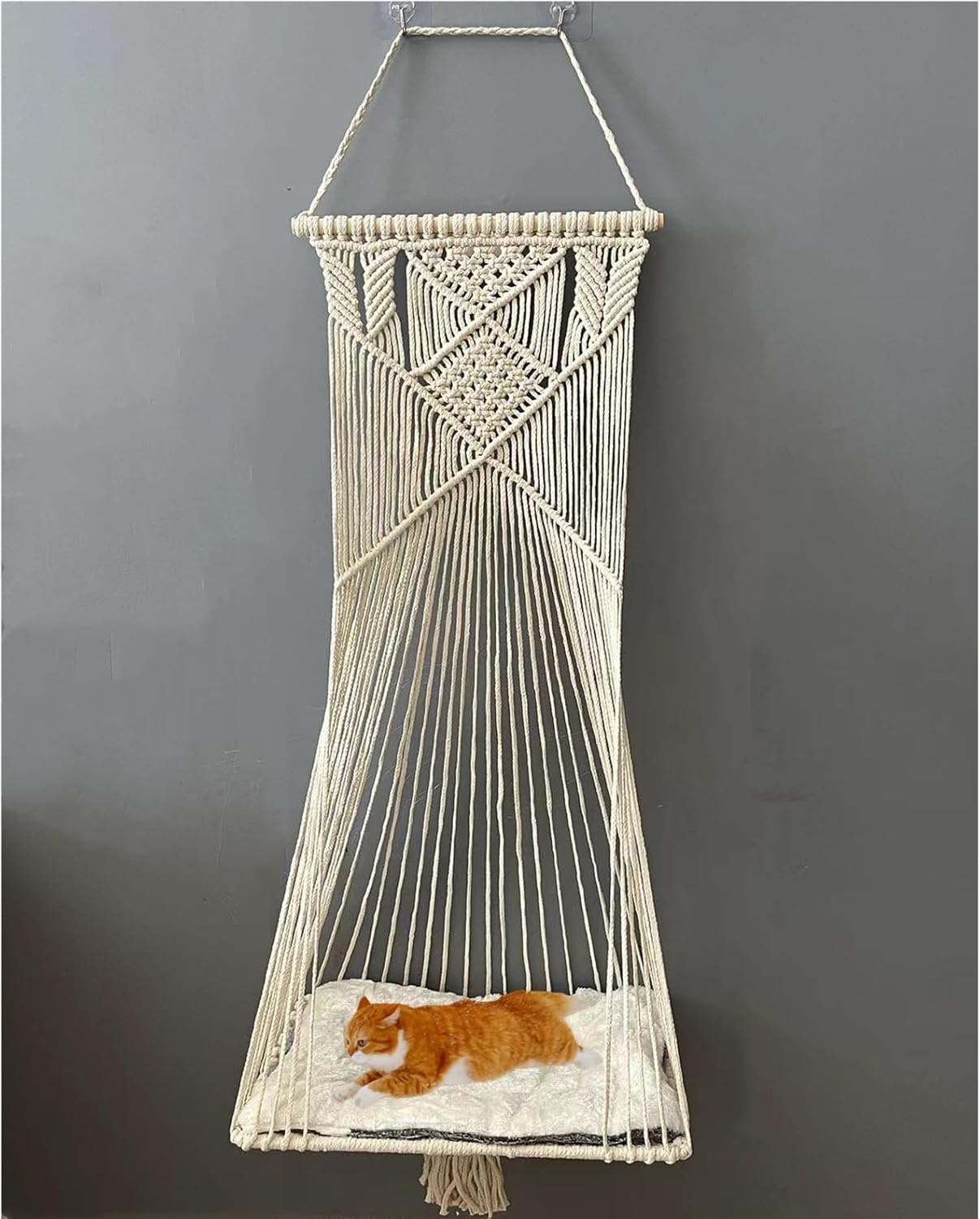 Macrame Hanging Cat Hammock Bed Cat Swing House Space Saving Window Perch with Washed Cotton Cats Toy Tassel Basket Tapestry (Beige, Swing Bed+Cushion)