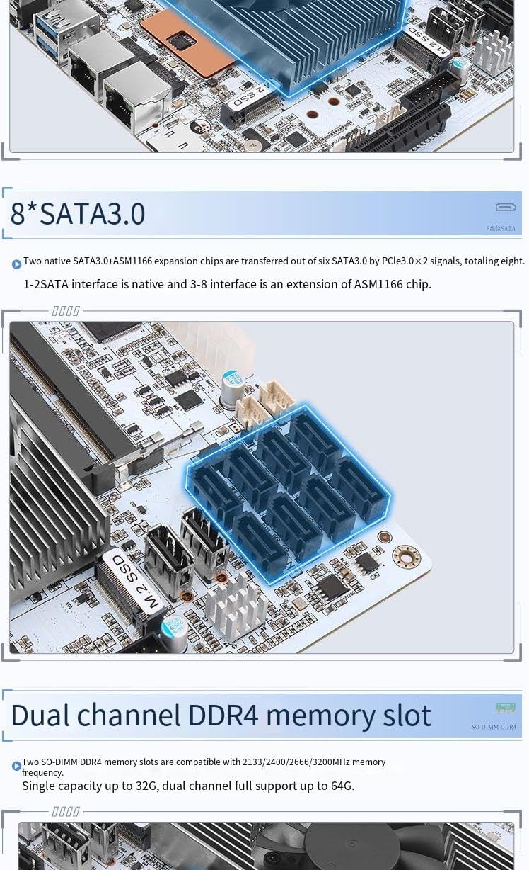 I5-8265U Industrial NAS Motherboard 4 Cores 8 Threads Low Power Processor 2x2.5G i226 Network, 8xSATA,4K DP HDMI,1*PCI-E x4, 2*M.2 2280,2*DDR4,Soft Router Firewall MINI-ITX