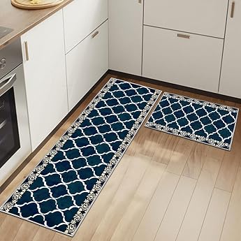 Kitchen Rugs Pack of 2 Non-Slip Kitchen Mats 6 mm Thick Non-Slip Waterproof Easy Care Anti-Fatigue Kitchen Rug Runner for Kitchen Style-F 43 x 75 + 43 x 150 cm