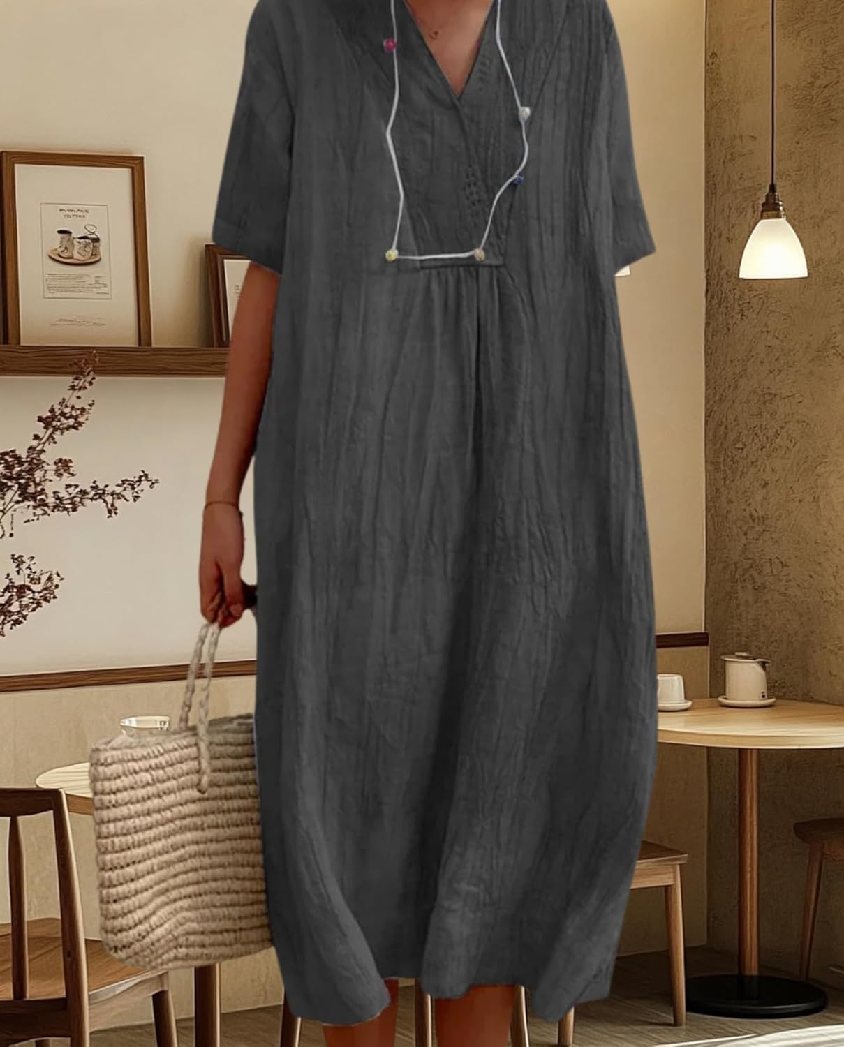 Women's Cotton Linen Midi Dress Soft V-Neck 3/4 Sleeve Casual Dresses for Summer Beach Vacations Everyday Wear - Image 5