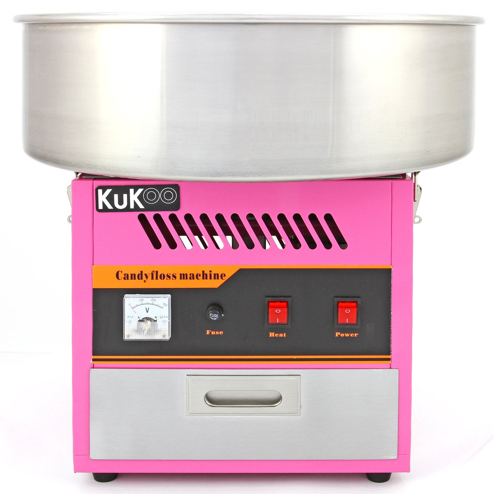 Macchina per Zucchero Filato con Cupola Protettiva, Vasca in Acciaio Inox 50 cm, Design Vintage Rosa, Facile da Usare, Cassetto Integrato, 600 Stecche Bamboo Incluse