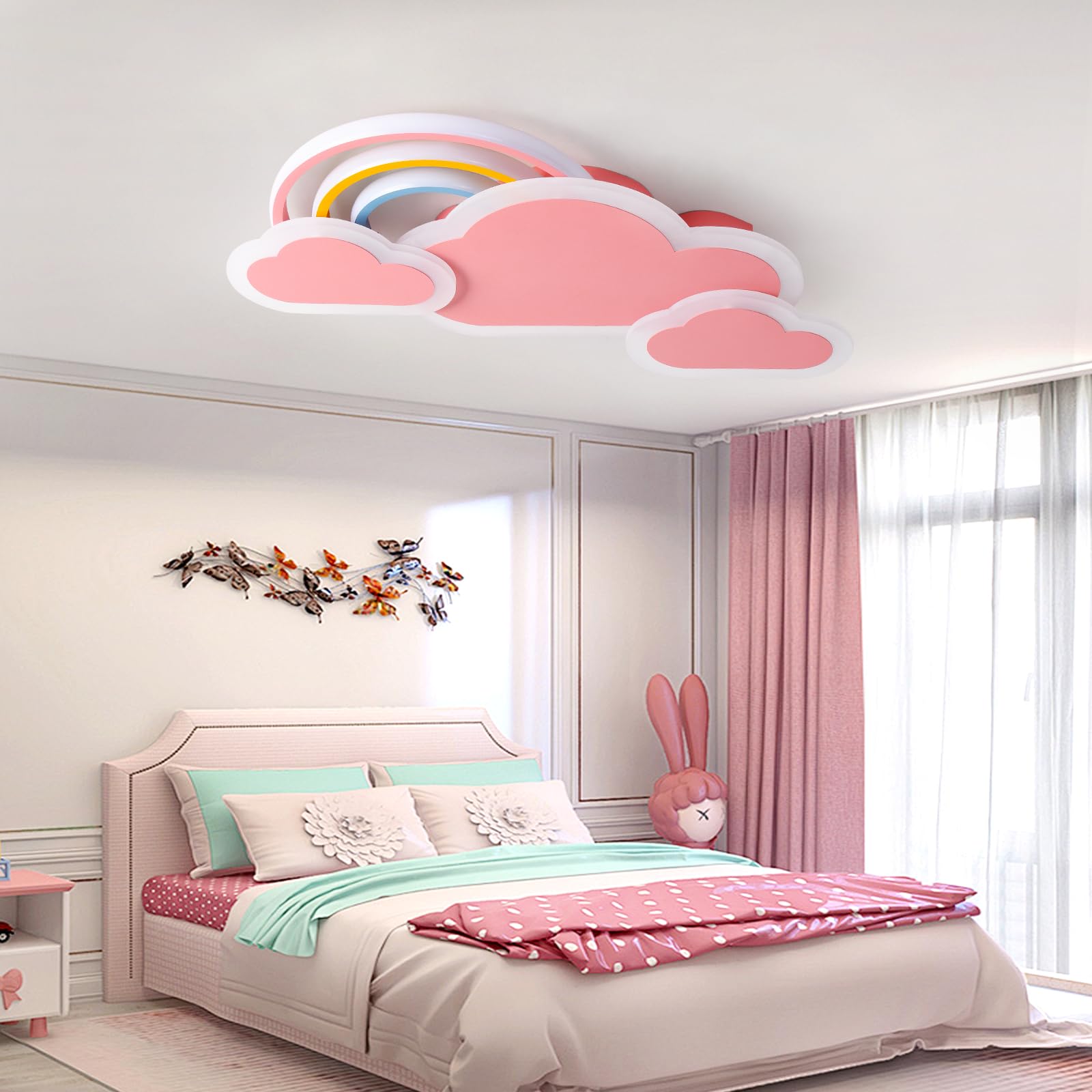 Lampara de Techo Infantil LED, 55cm/30W Lámpara de techo creativa Nubes con arcoiris Regulable con Control Remoto, Lámpara de Techo para Dormitorio de Niños y Niñas, Rosa