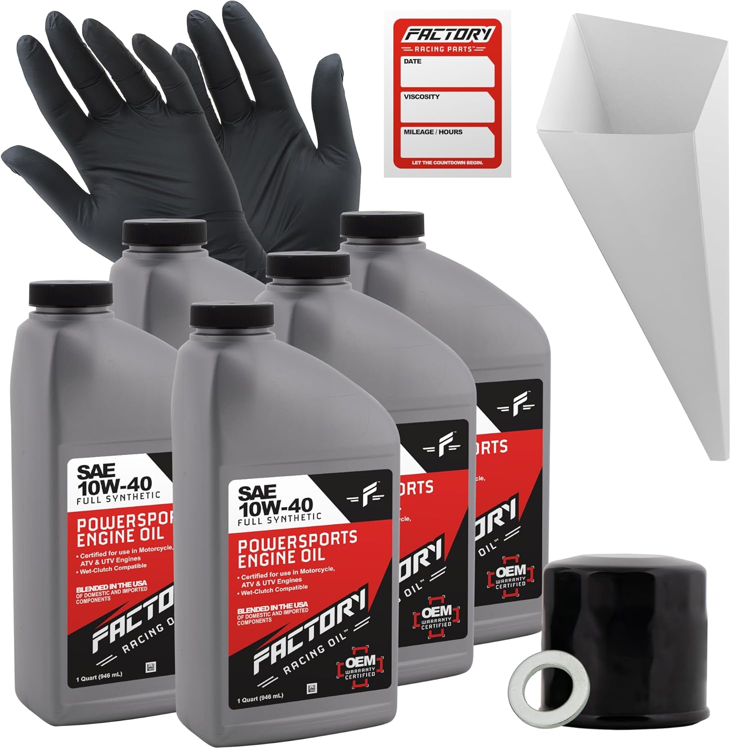 Factory Racing Parts Oil Change Kit compatible with Honda CBR900RR, GL1800 Gold Wing – Includes 5 Quarts of 10W-40 Full Synthetic Oil, 1 Filter, 1 Crush Washer, 1 Funnel, 1 Oil Change Sticker