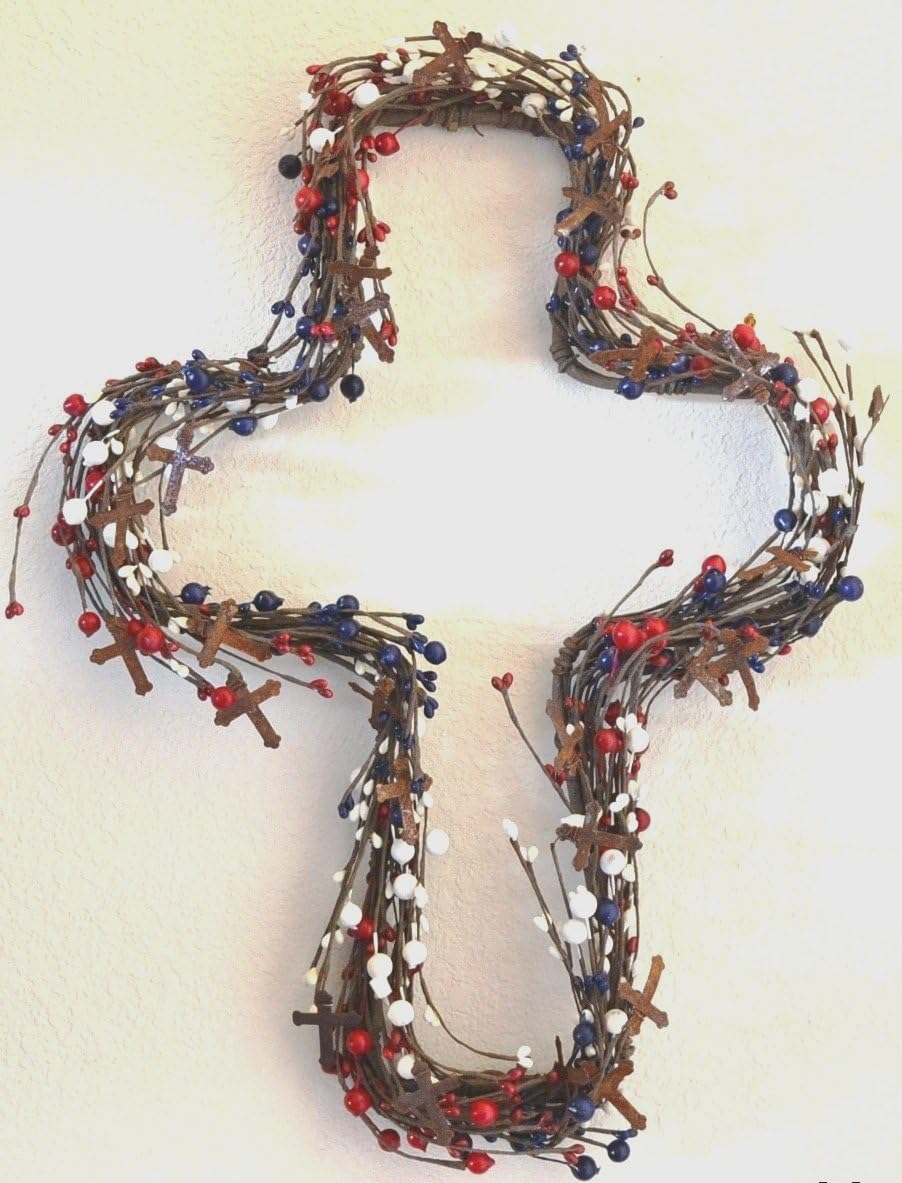 Artificial Red/Blue/White Berry Cross Shaped Wreath with Little Rusty Crosses