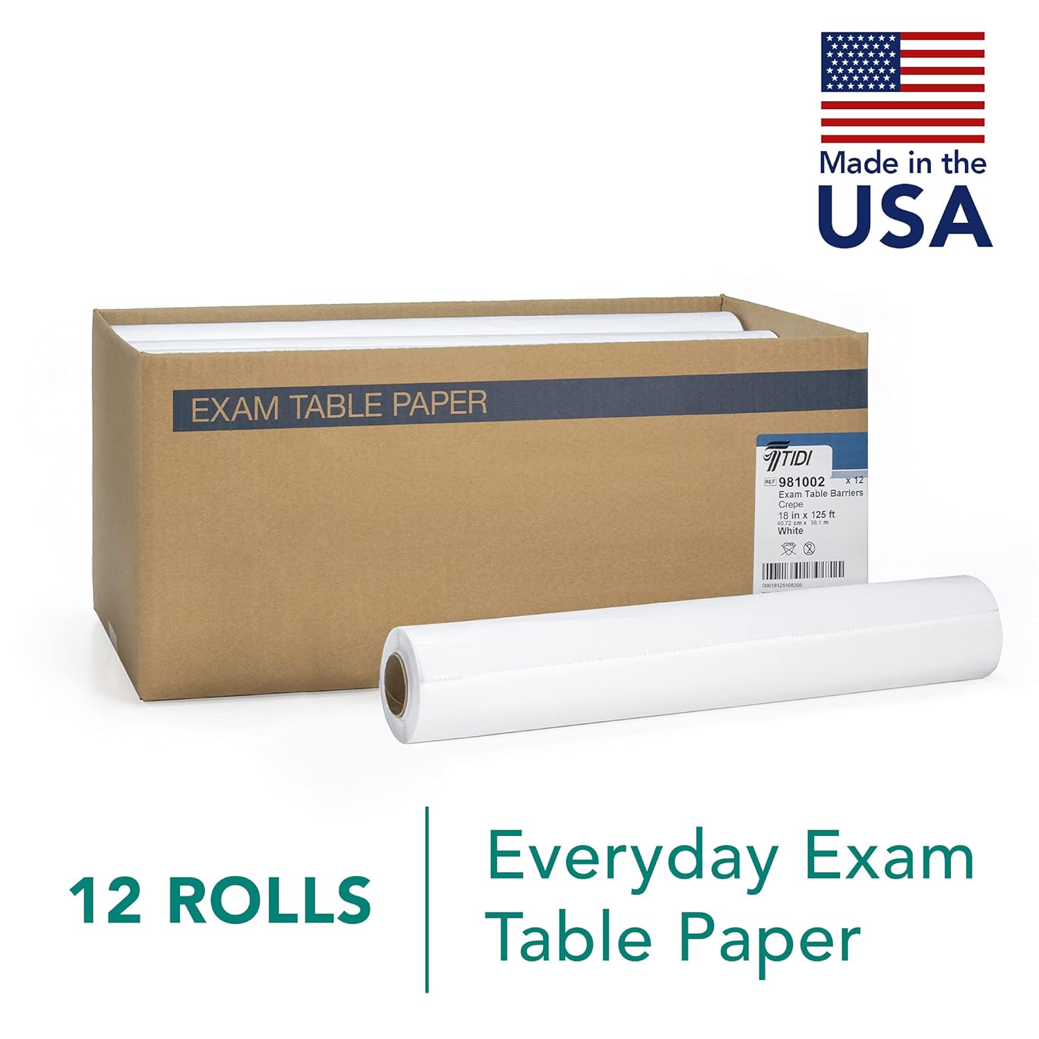 TIDI Everyday Exam Table Paper, White, 18" x 125' (Pack of 12) - Fluid and Barrier Protection - Absorbent Crepe Paper - Medical Supplies (981002): Industrial & Scientific