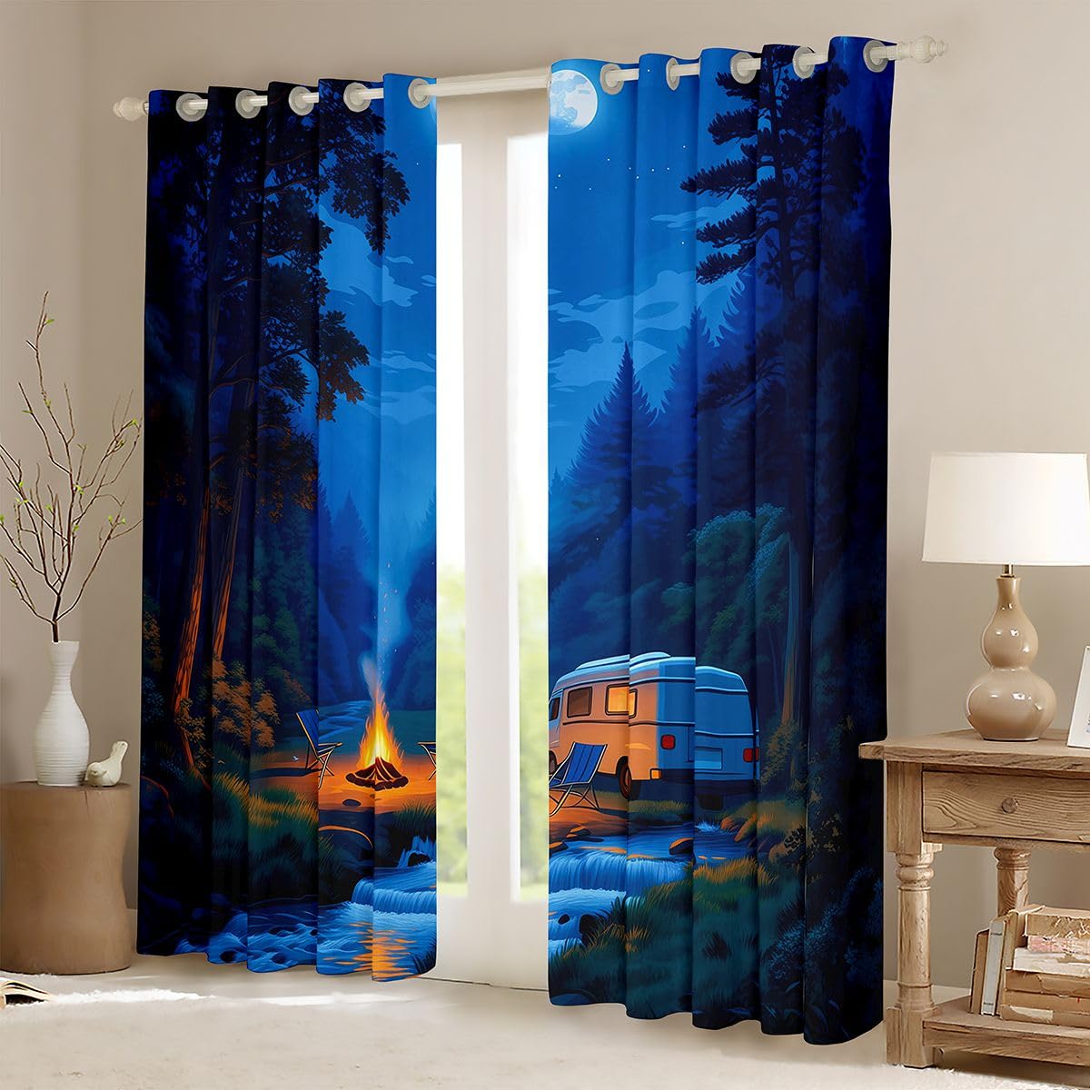 RV Lot de 2 rideaux de fenêtre de camping pour filles et garçons, taille M, nature, aventure, bons rideaux occultants, feu de camp nocturne, 183 x 117 cm