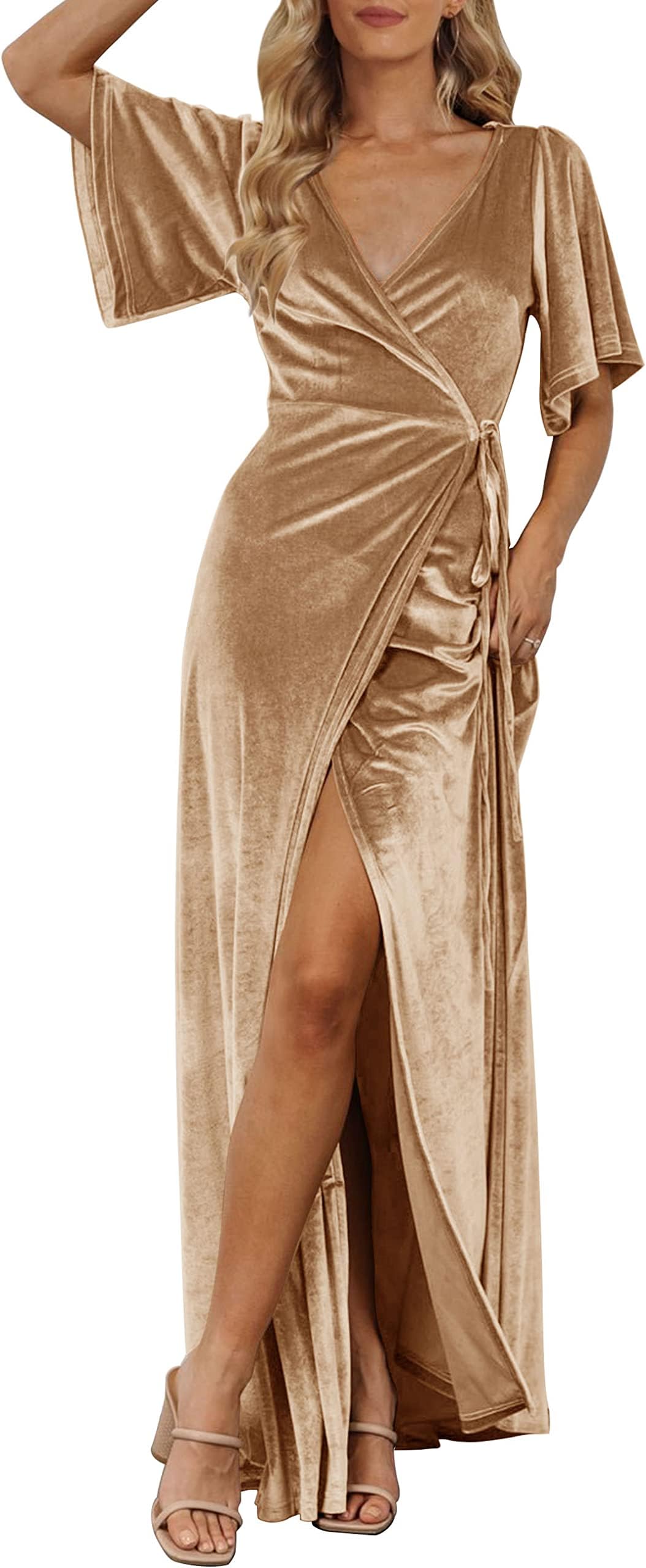 MEROKEETY Women's V Neck Wrap Velvet Maxi Wedding Guest Dress Bell Sleeve Split Bridesmaid Cocktail Party Formal Dresses