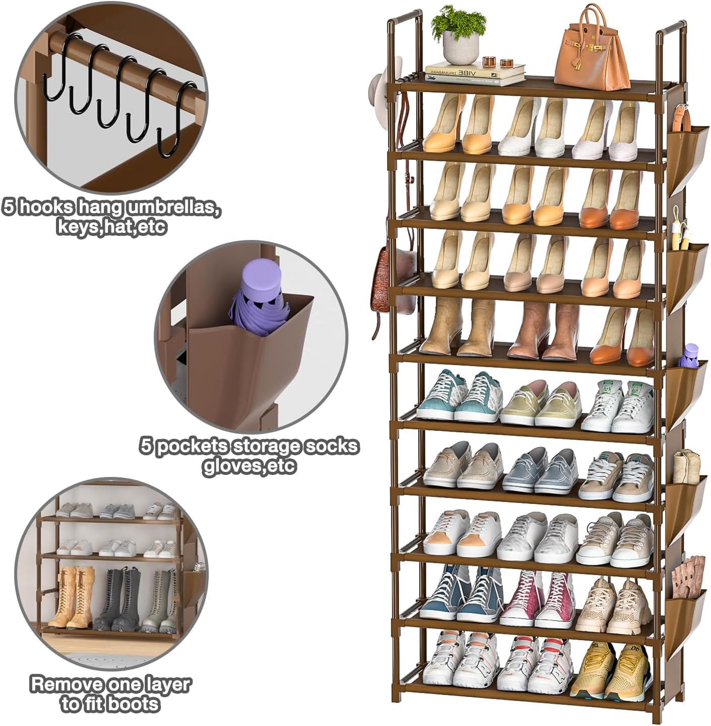 LUKYTOWER Tall Shoe Rack - 10 Tier Organizer for Closet, 30-35 Pairs, Large Capacity with 5 Hooks and Side Pocket, Sturdy Metal Shoe Shelf, Vertical Shoe Stand Tower