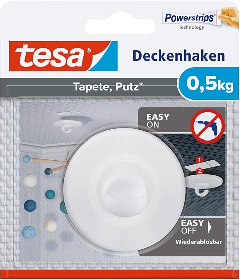 tesa Deckenhaken Tapeten und Putz, Weiß, 0,5 Kg | Selbstklebend, Für Deko-Objekte, Spurlos ablösbar