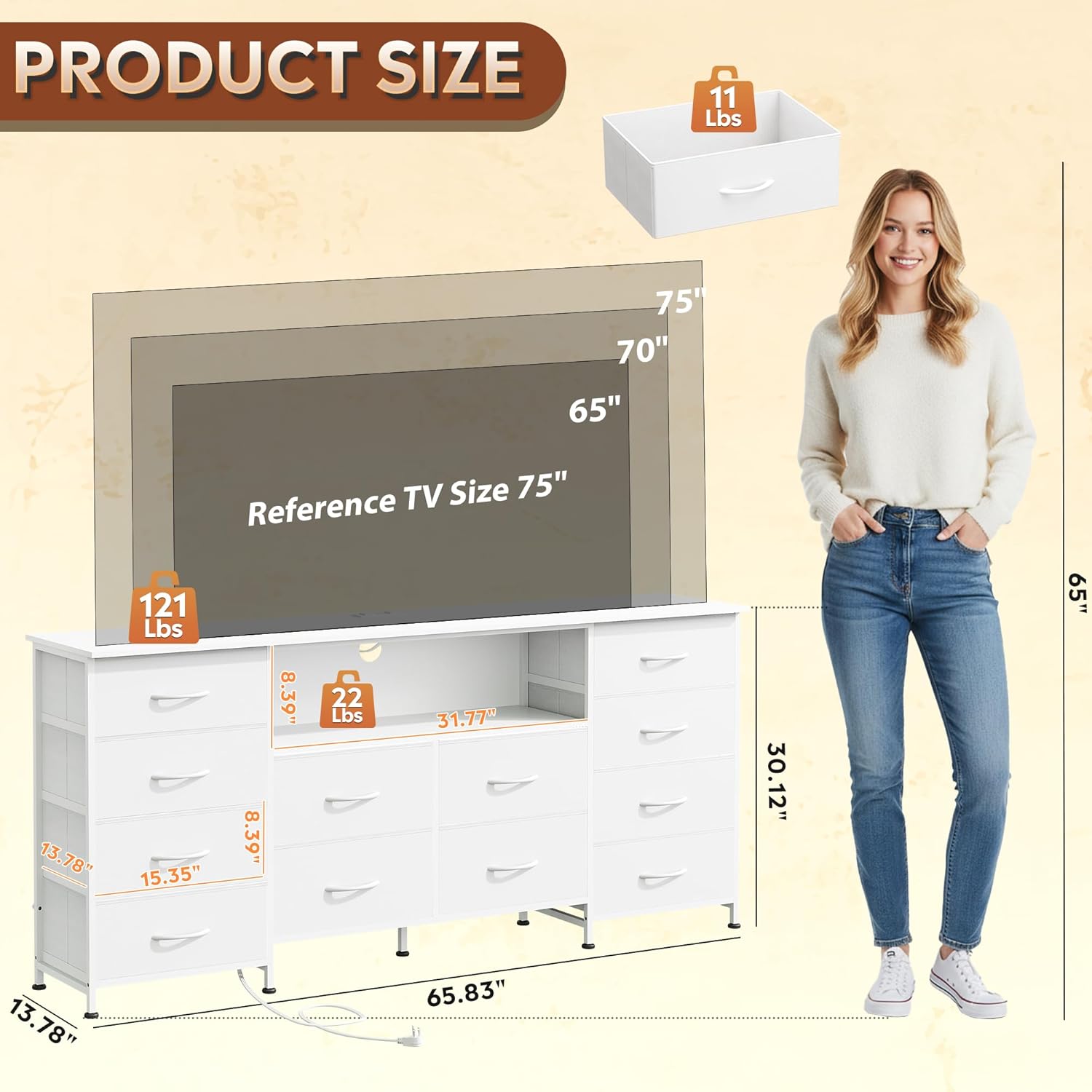 White TV Stand for 65, 70, 75 inch TV, Entertainment Center with LED Lights & Charging Station, TV Media Console Table with 12 Fabric Drawers and Open Shelves for Living Room, Hallway