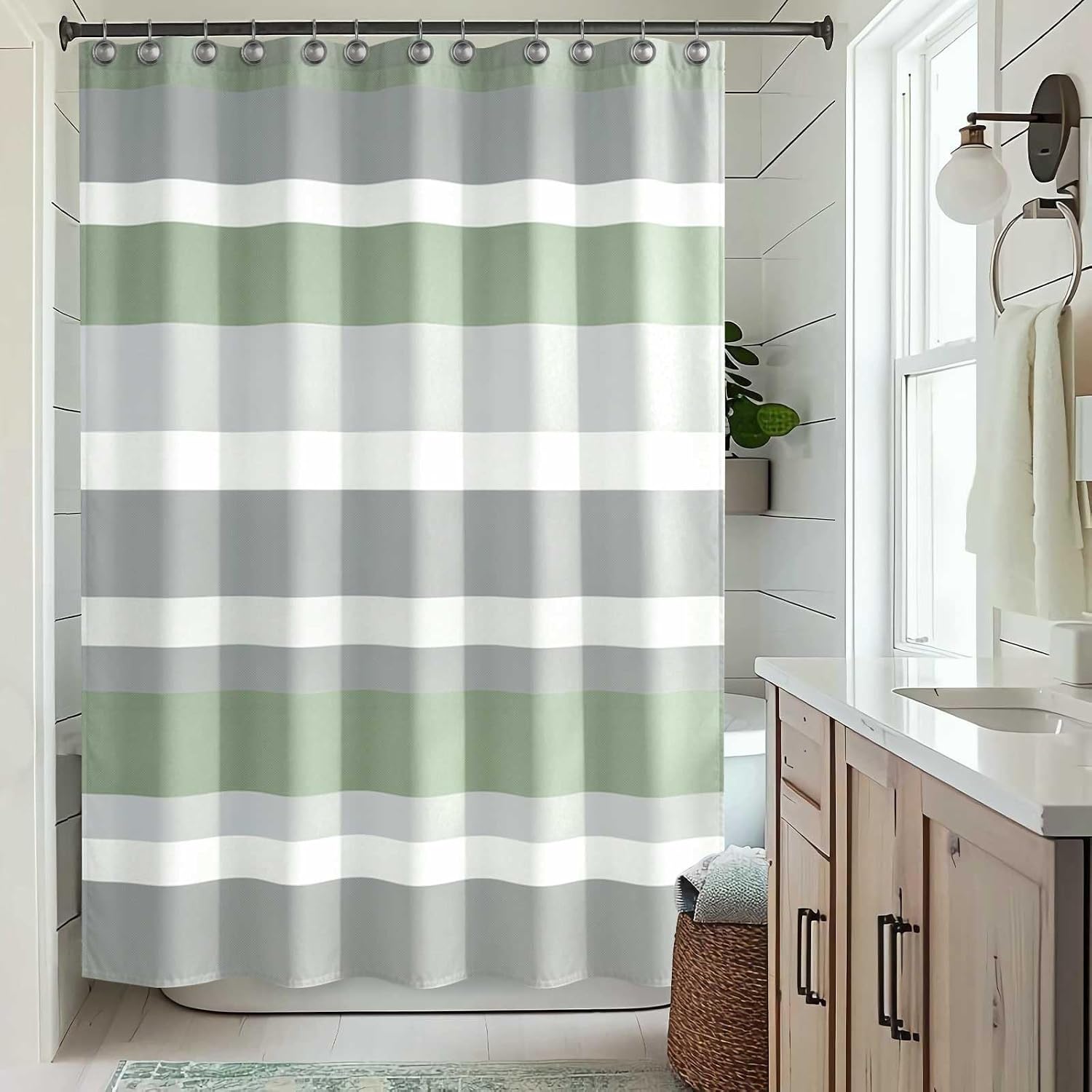 Sunlit Sage Green Gray Horizontal Stripes Water-Repellent Fabric Shower Curtain with Reinforced Metal Grommets Refreshing Striped Design Bathroom Decor, 72x72