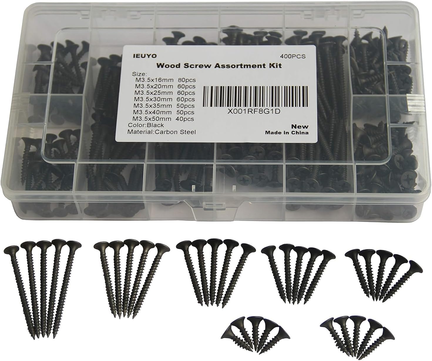 Drywall Sheetrock Screw Wood Screw Assortment Kit Bugle Flat Head Phillips Drive Black Oxide Finish for Drywall Wood (#6) M3.5x16/20/25/30/35/40/50, 400 PCS/7Sizes