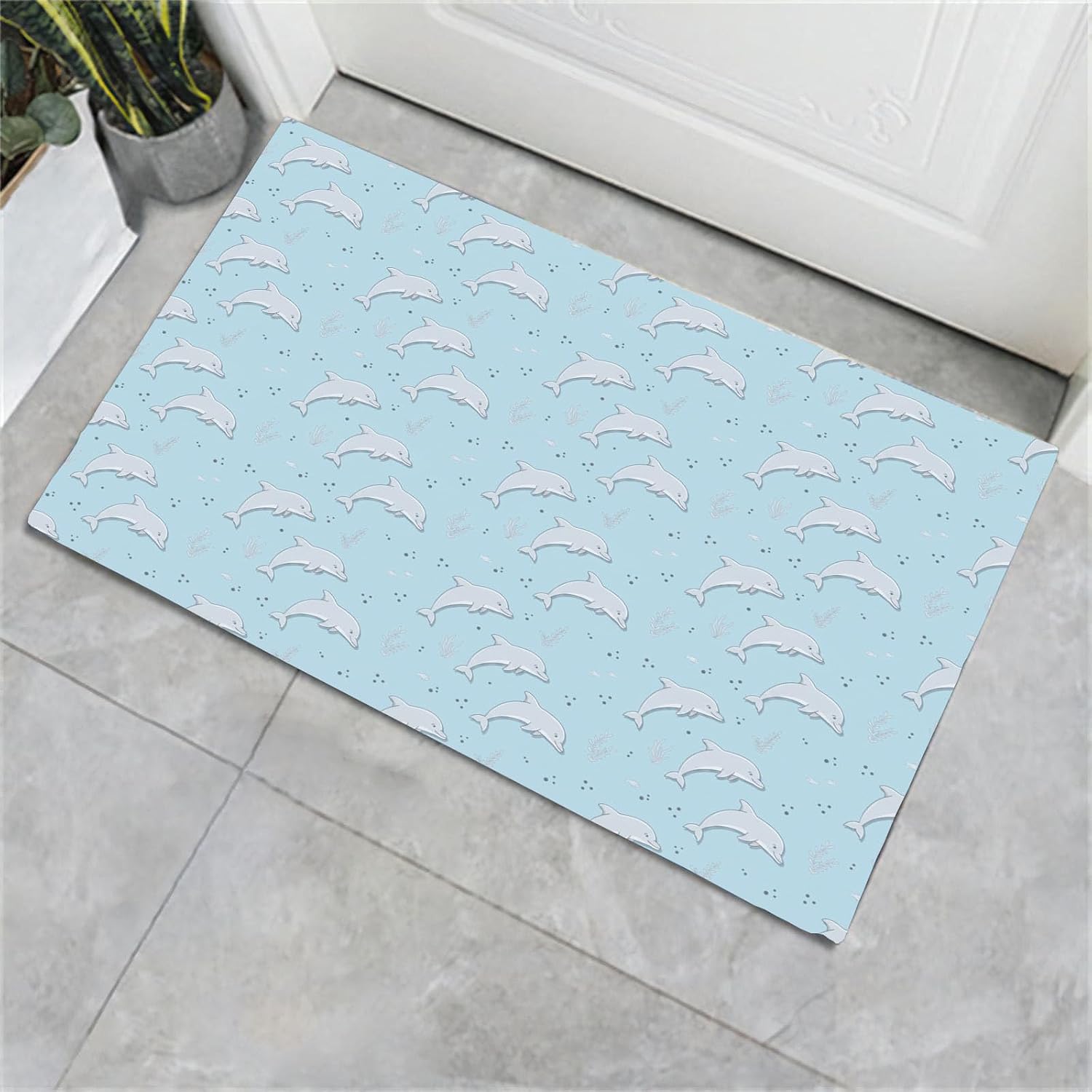Blue Cartoon Dolphin Theme 2'X3' Washbale Rug Door Mat Cute Marine Animals Modern Soft Low-Pile Girls Small Rug for Bedroom Entryway Bathroom Kitchen Non-Slip Entryway Carpet