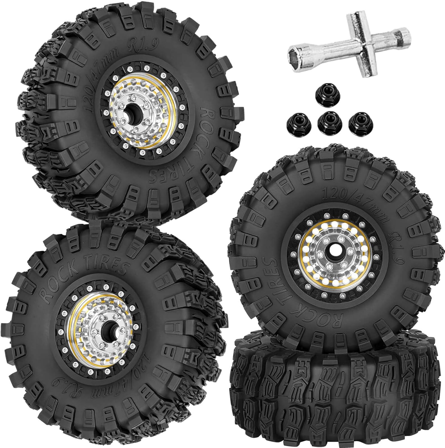 RC Brass&Aluminium 1.9 Crawler Tires/1.9 Beadlock Wheels and Tires Set for 1/10 SCX10 90046 AXI03007 TRX4 TRX6 VS4-10 Gen7 Gen8 MST CFX D90, RC Wheels and Rims Deep Dish Wheel,Silver