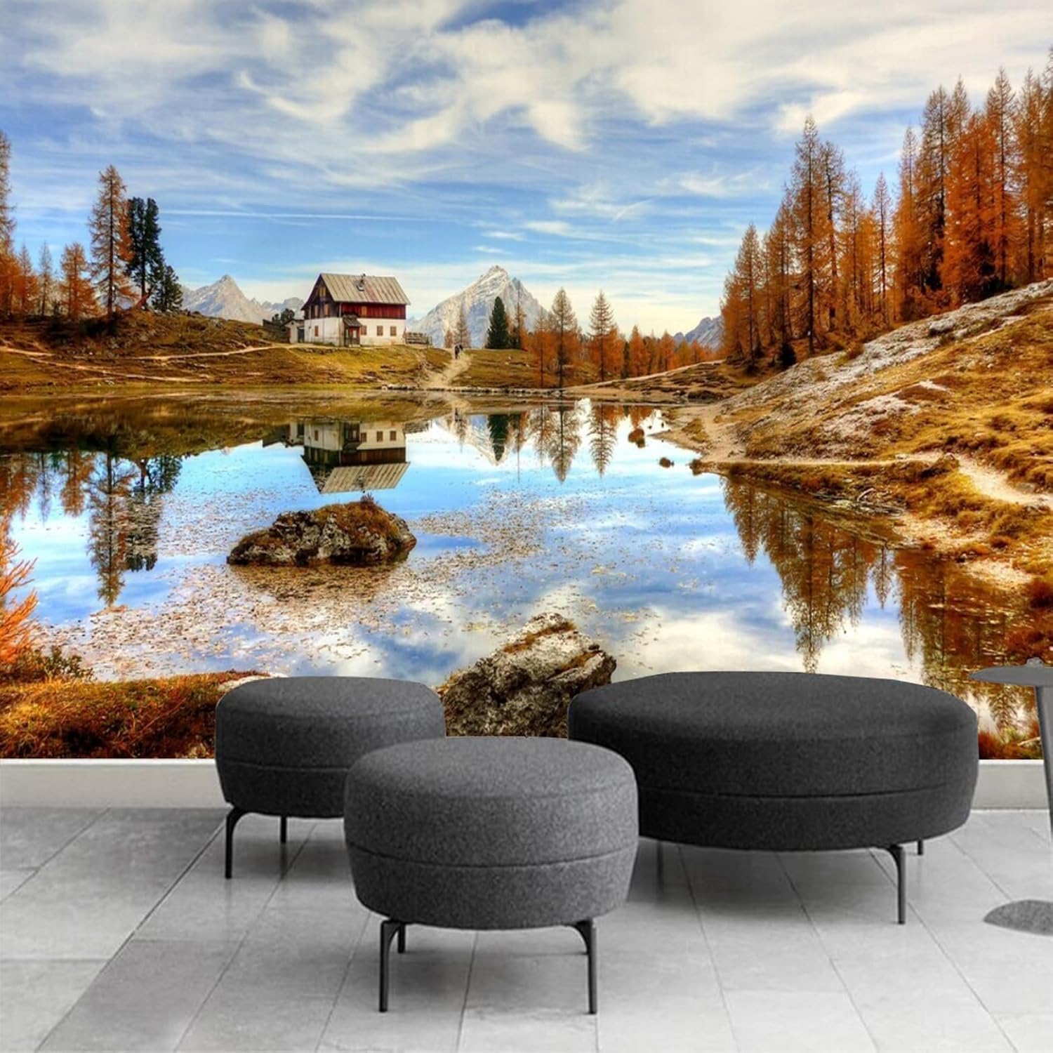Papier peint panoramique soie paysage d'automne, fresque murale luxe pour décoration 350x245
