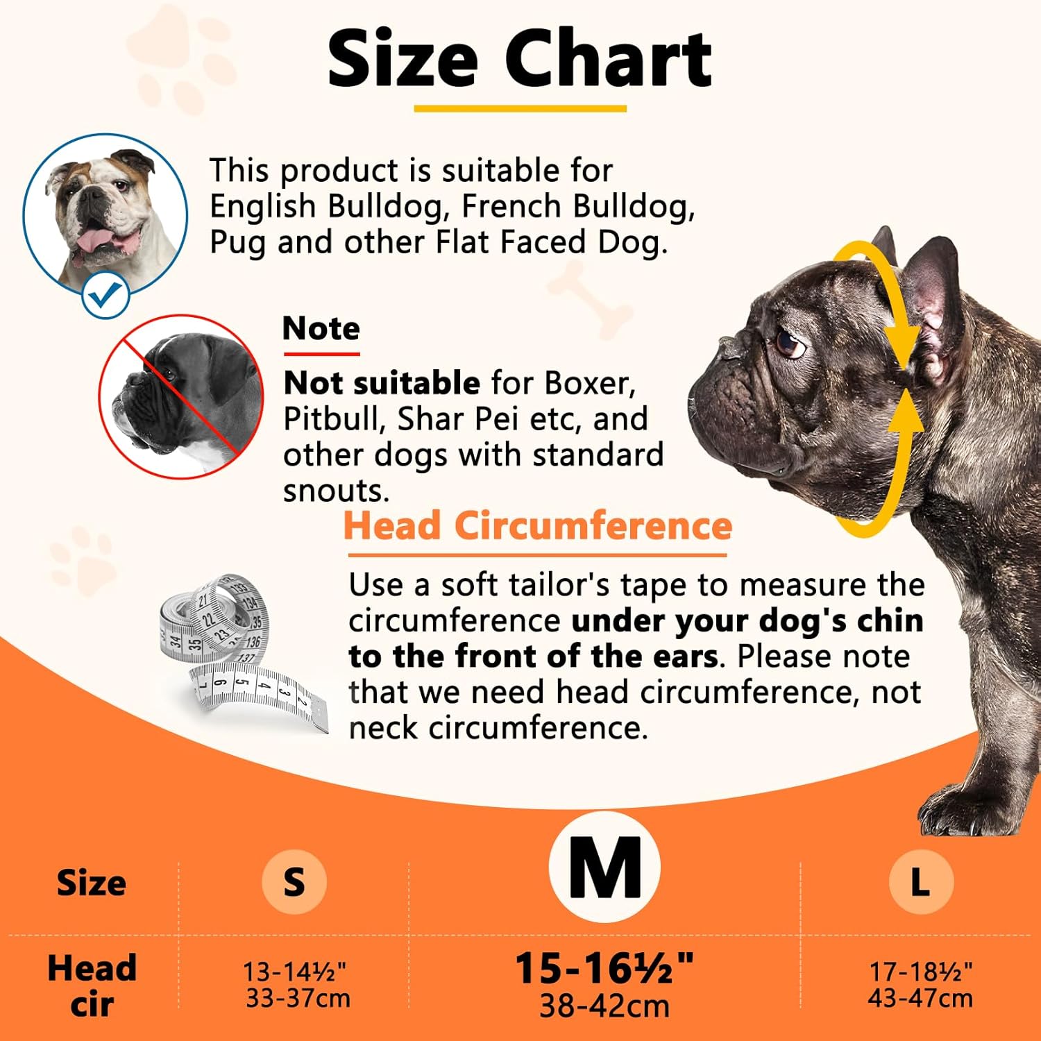 barkless short snout dog muzzle, soft silicone flat faced muzzle for french bulldog shih tzu and pug for biting chewing licking and grooming, allows panting orange m?head 15-16½"?