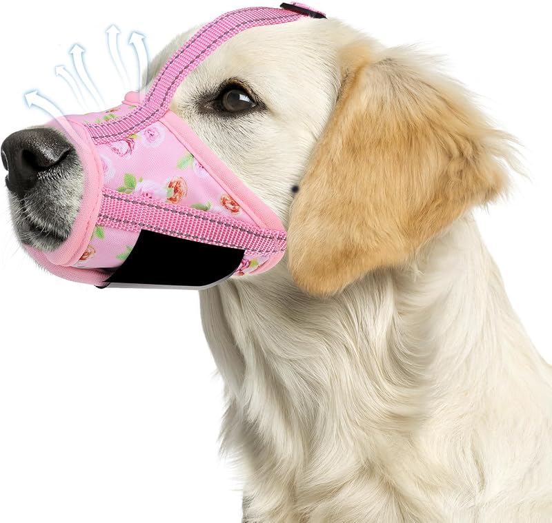 Dog Muzzle, Soft Muzzle Anti Biting Barking Chewing, Comfortable Air Mesh Mouth Guard Breathable Adjustable Loop Pets Muzzle for Small Medium Large Dogs,Allows Panting Drinking,Pink Flowers L