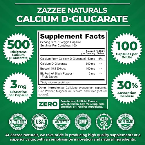 Miniatura 3 de Zazzee D-glucarato de calcio de alta absorción, 500 mg por cápsula, 3 mg de BioPerine para una mayor absorción, 100 cápsulas veganas, más extracto