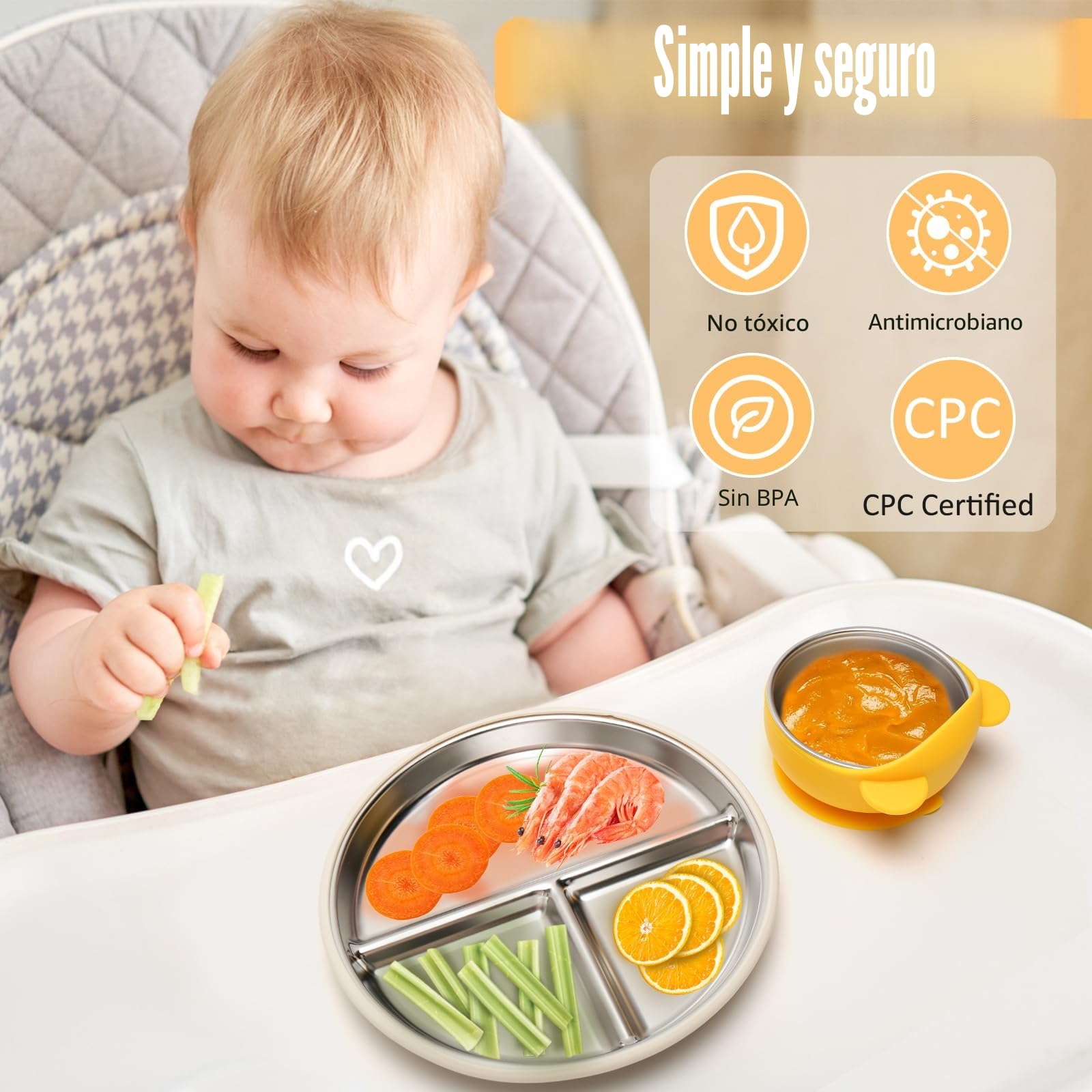 CLDY - Juego de 4 platos y cuencos de acero inoxidable para bebés - Con base de placa de succión 100% de silicona, juego de cena con platos de destete para niños pequeños - Platos divisores irrompible