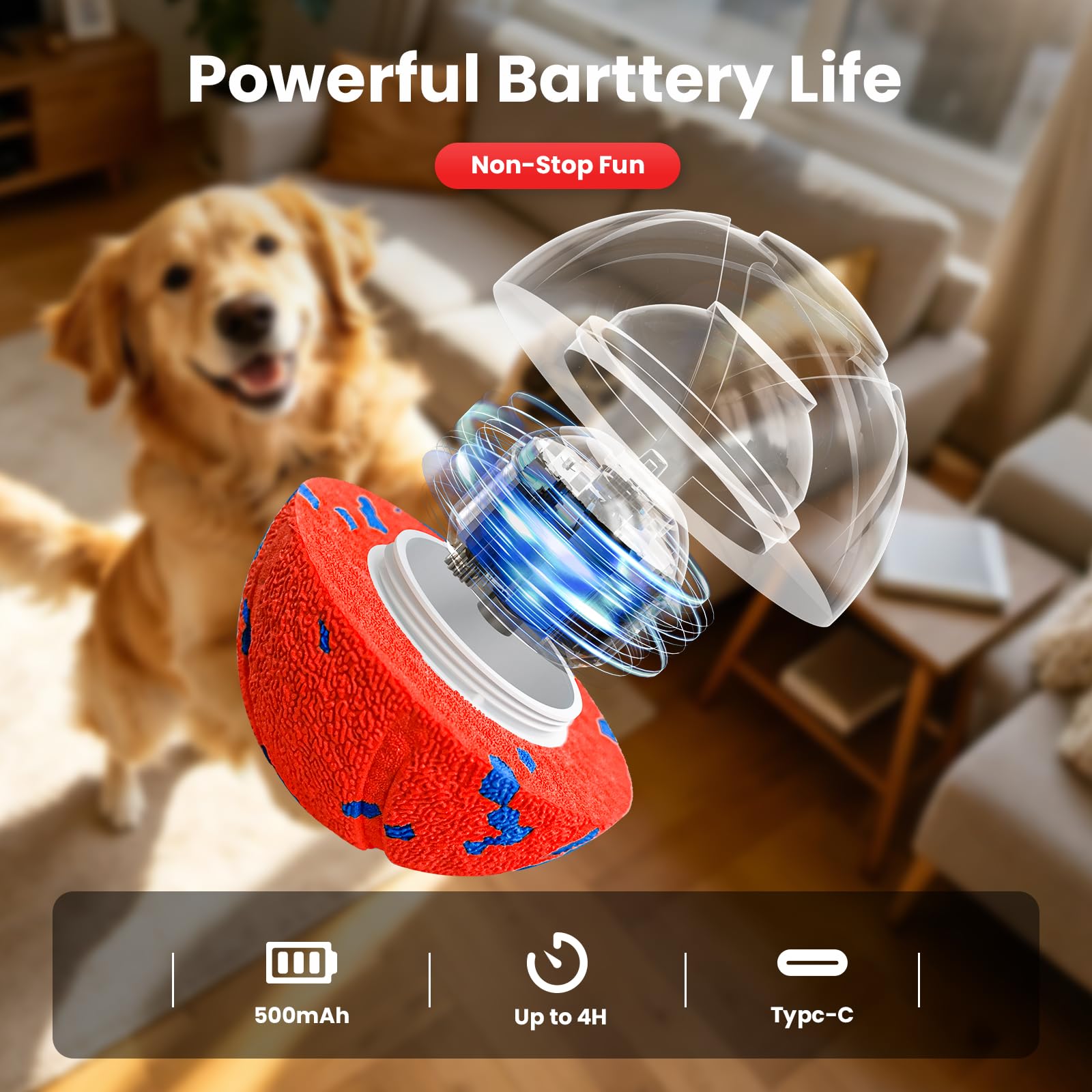 Balle interactive pour chien – rebondissement et roulement automatiques, matériau E-TPU résistant à la mastication, 3 modes interactifs, étanche IPX7, balle de jouet Smart Chase pour chiens de