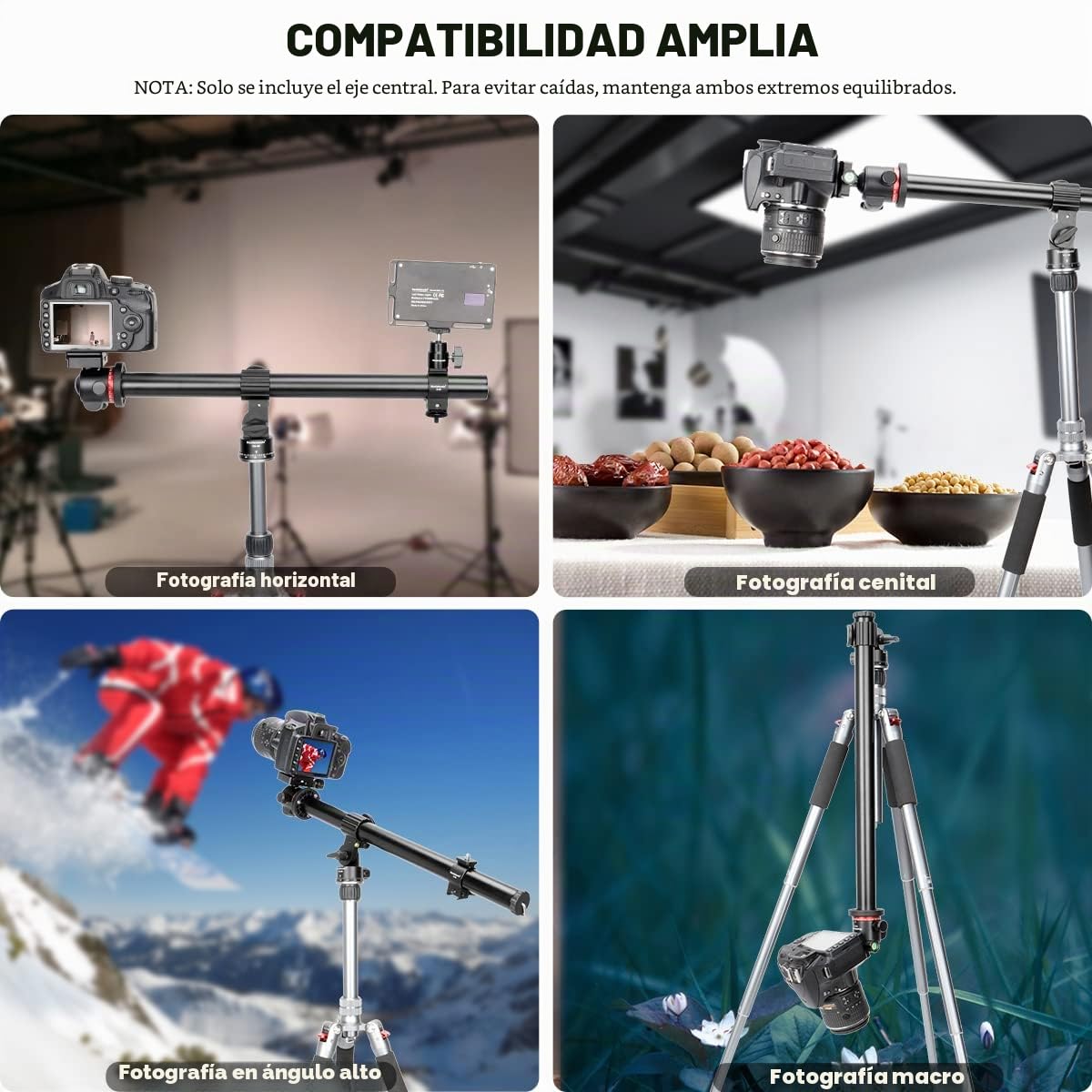 Koolehaoda Brazo de extensión de trípode 83 cm, brazo de extensión horizontal central, tubo 28 mm, base giratoria 360° para fotografía superior y macro, carga hasta
