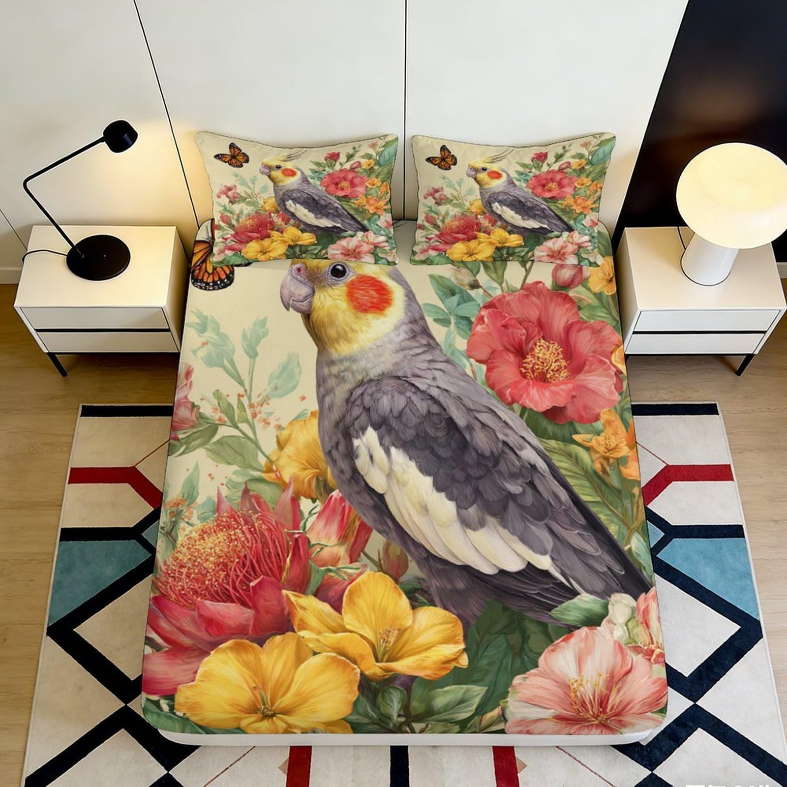 Decorative Cockatiel Fitted Sheet 3D Printed, Microfiber Soft Touch Bed Cover, Floral Bedroom Aesthetic, Guest Room Bedding, Easy Care 90x200x25cm