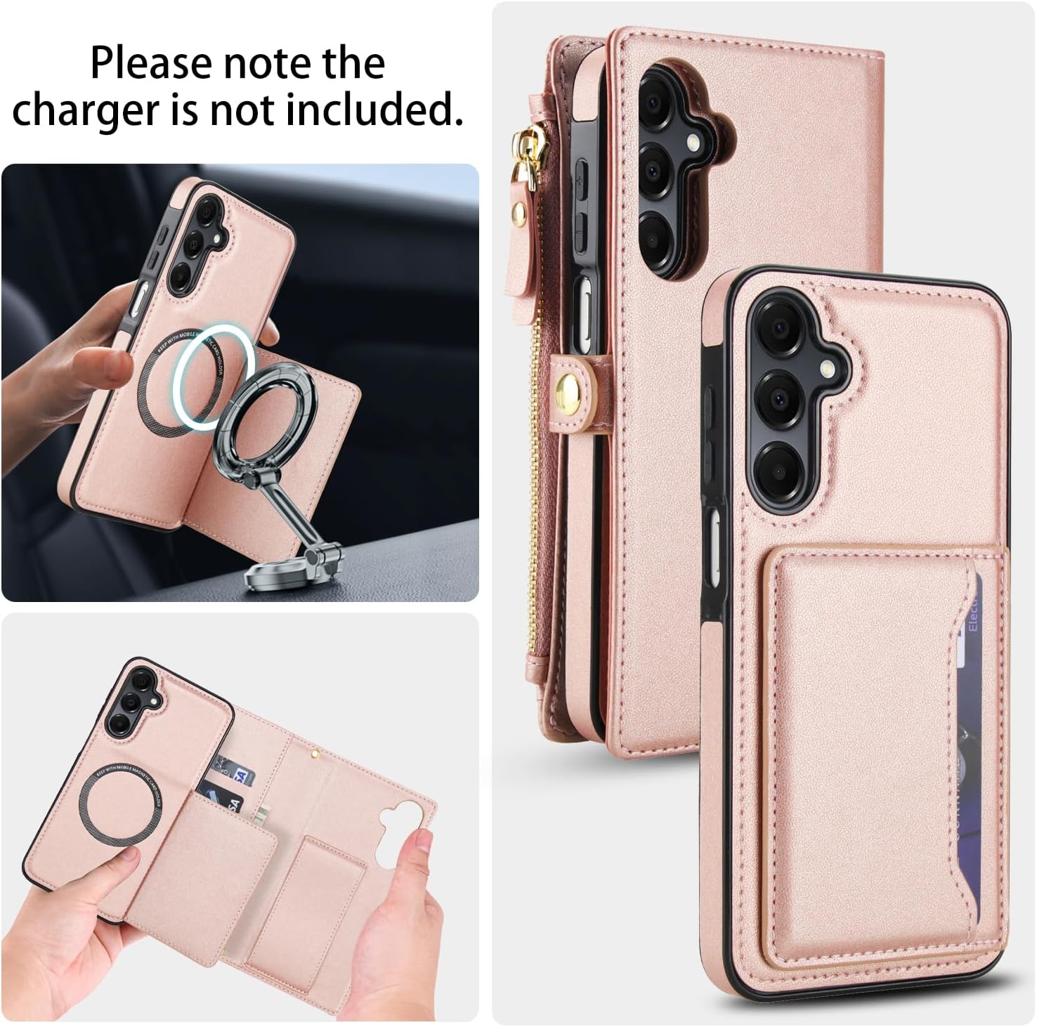 Phone Case for Samsung Galaxy S23 5G Wallet Cover Compatible with Magsafe RFID Screen Protector Crossbody Lanyard Strap Flip Card Holder Slot Zipper Cell S 23 23S GS23 G5 SM-S911U 6.1 inch Rose Gold