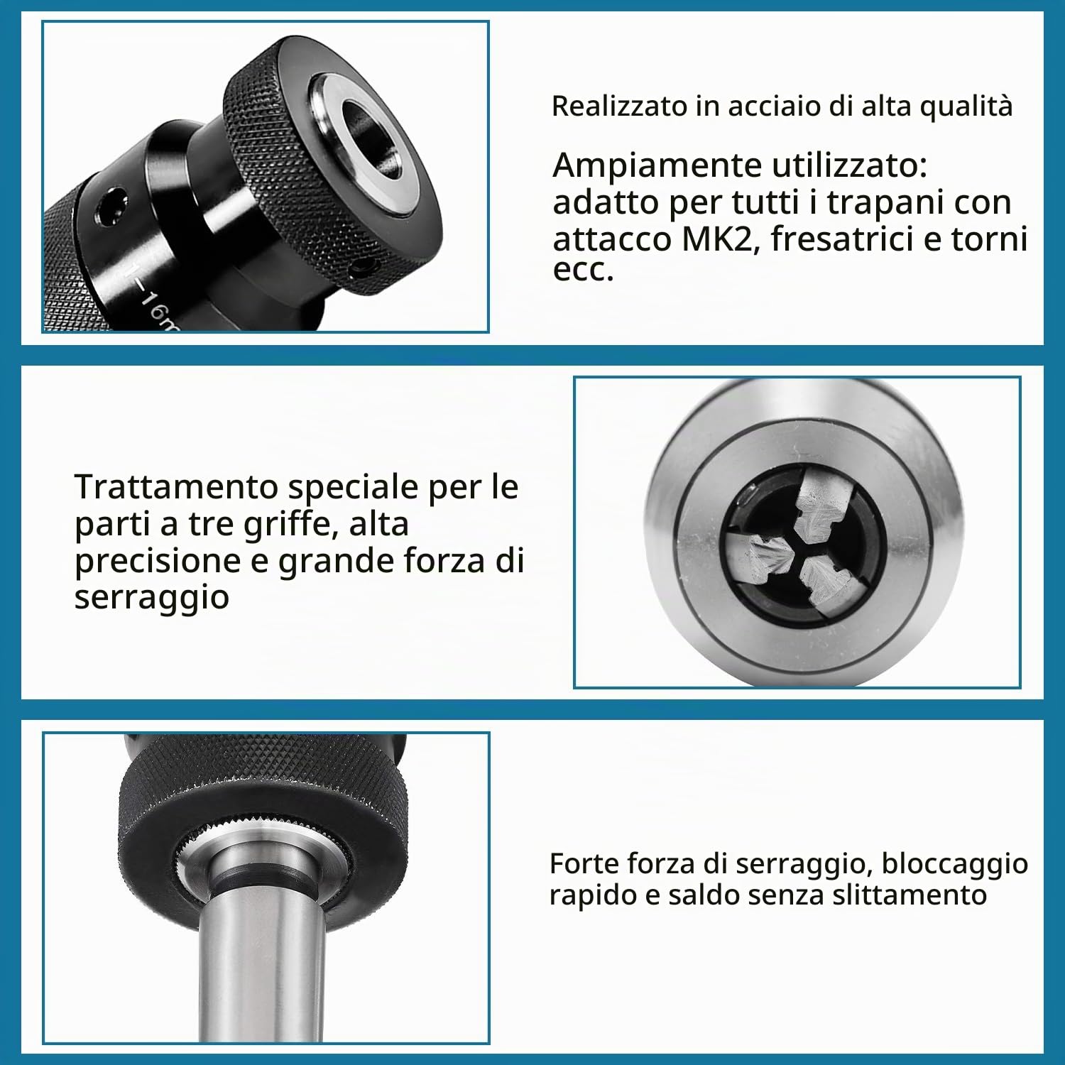Mandrino per Trapano da 1-16 mm MK2 B16, Autoserrante in Acciaio per Trapano e Avvitatore, Accessorio per Macchine Portatili Resistente e Durevole, Adatto Anche per Torni